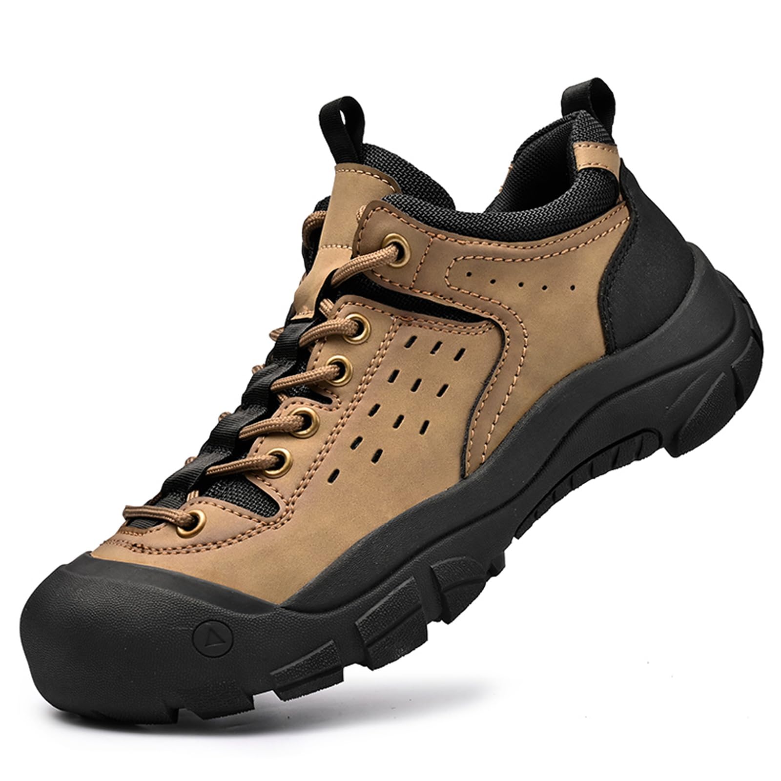 Men's Low Top Leather Hiking Shoes Lightweight Breathable Non Slip Trekking Trail Sneakers Comfort Durable Outdoor Casual Work Shoes with Anti-Collision Toe for Walking Camping Travel
