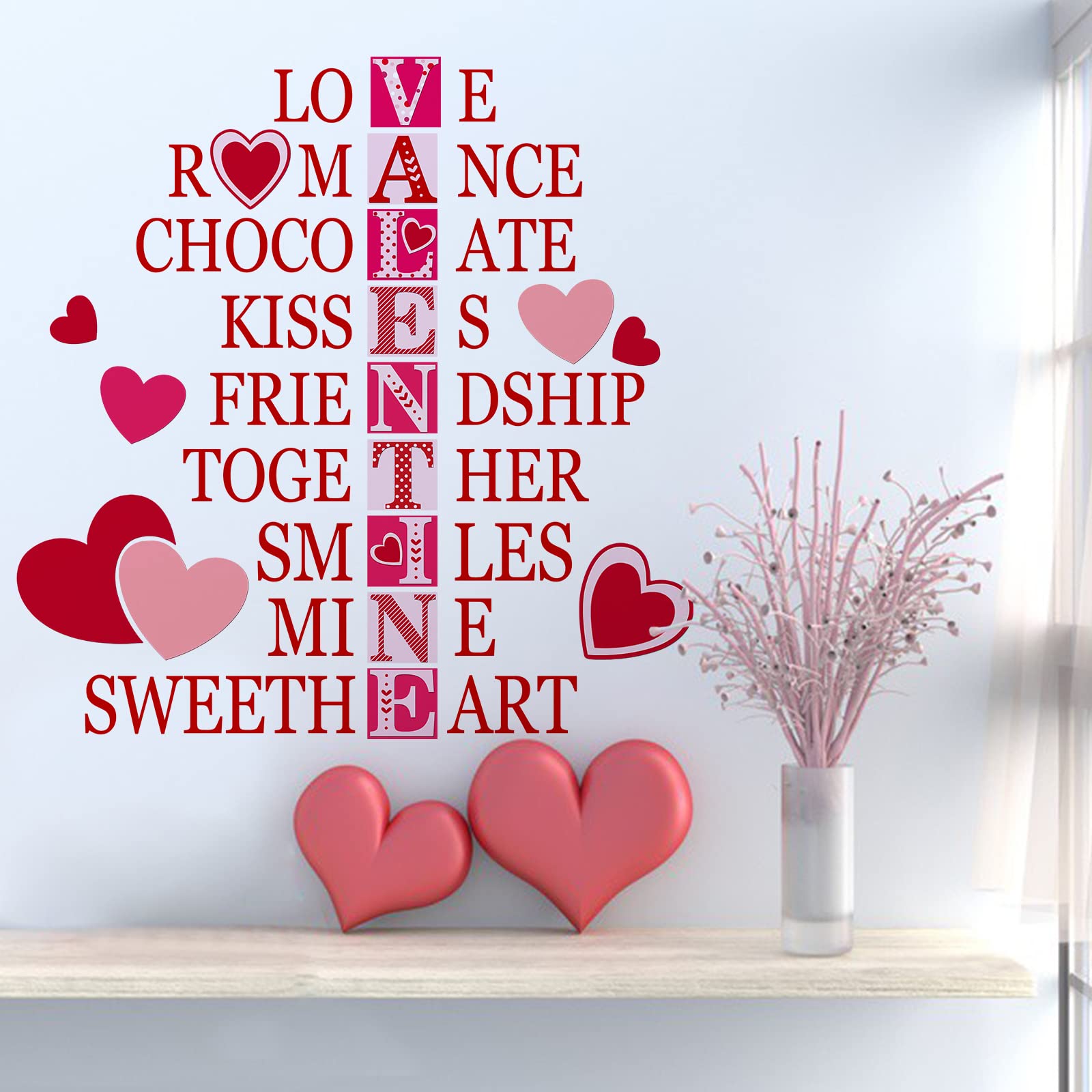 Mfault Love Romance Kisses Chocolate Pink Anniversary Wedding Wall Decals Sticker, Valentines Romantic Red Heart Mine Sweetheart Decoration Bedroom Art, Valentine's Day Holiday Home Kitchen Room Decor