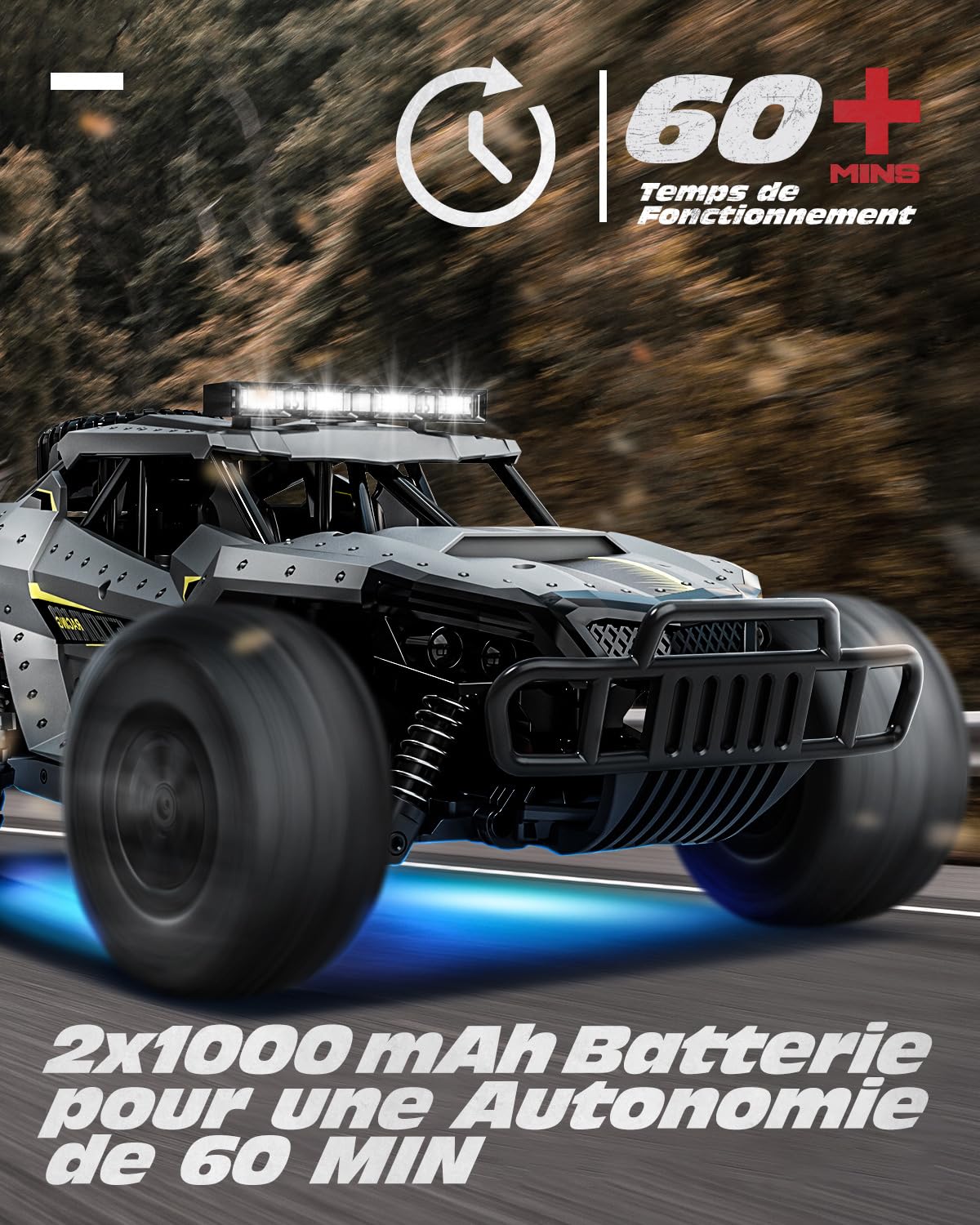 Tecnock Voiture Télécommandée 2,4GHz 1/16 RC Tout-Terrain - Jouet électrique avec 2 Piles, 60 Min de Lecture et Phare LED - Cadeau pour Enfants et Adultes