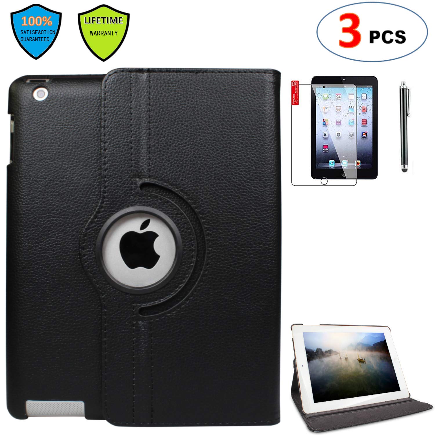 iPad Mini 3 Case with Screen Protector and Stylus - iPad Mini 3/2/1 Case Cover - 360 Degree Rotating Stand with Auto Sleep/Wake for Mini 1st/ 2nd/ 3rd Generation - A1599 A1600(Black)