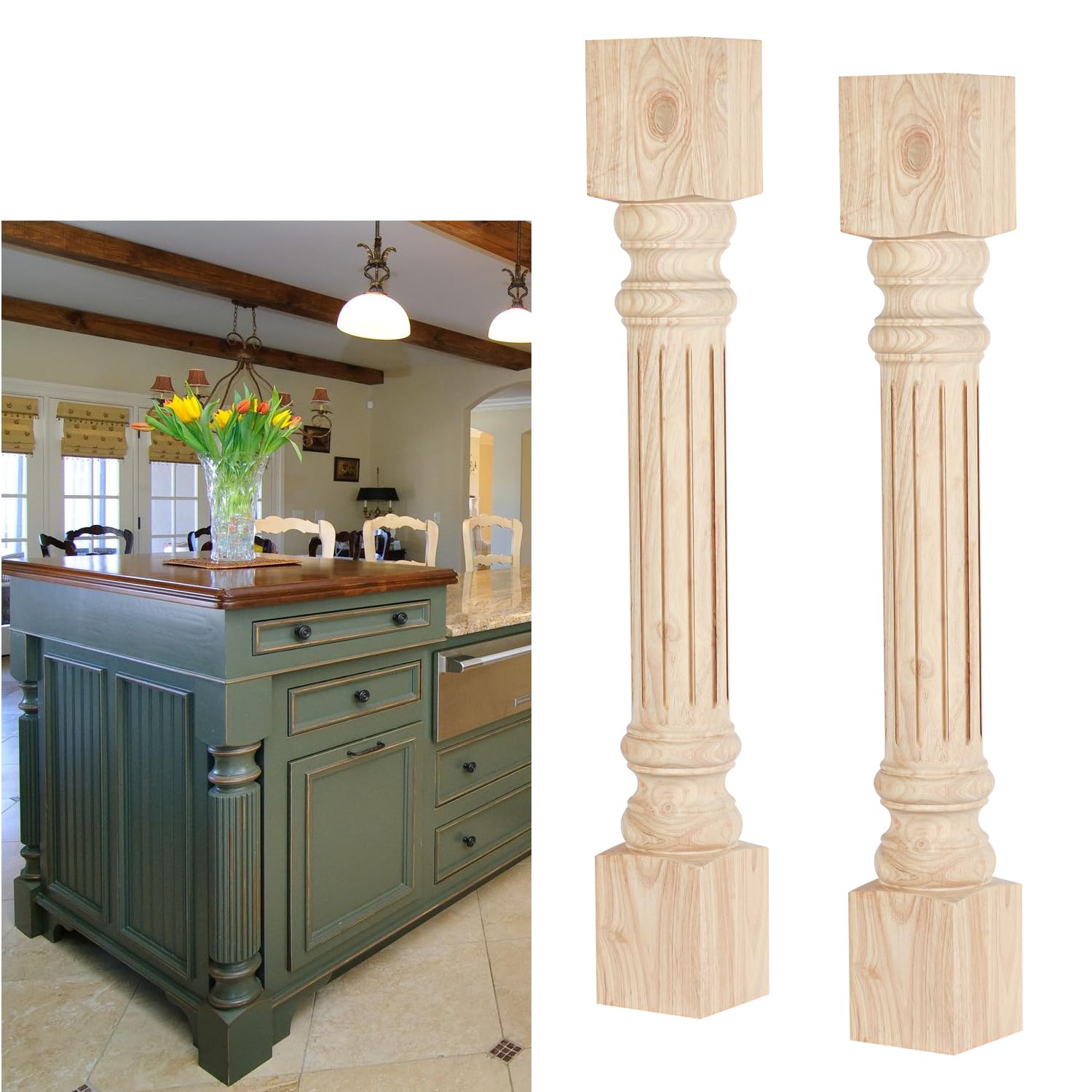 Btowin 35 1/2-inch H 5-inch W 5-inch D Wooden Kitchen Island Legs, 2Pcs Wood Carved Fluted Cabinet Columns,Unfinished Massive Replacement Feet for