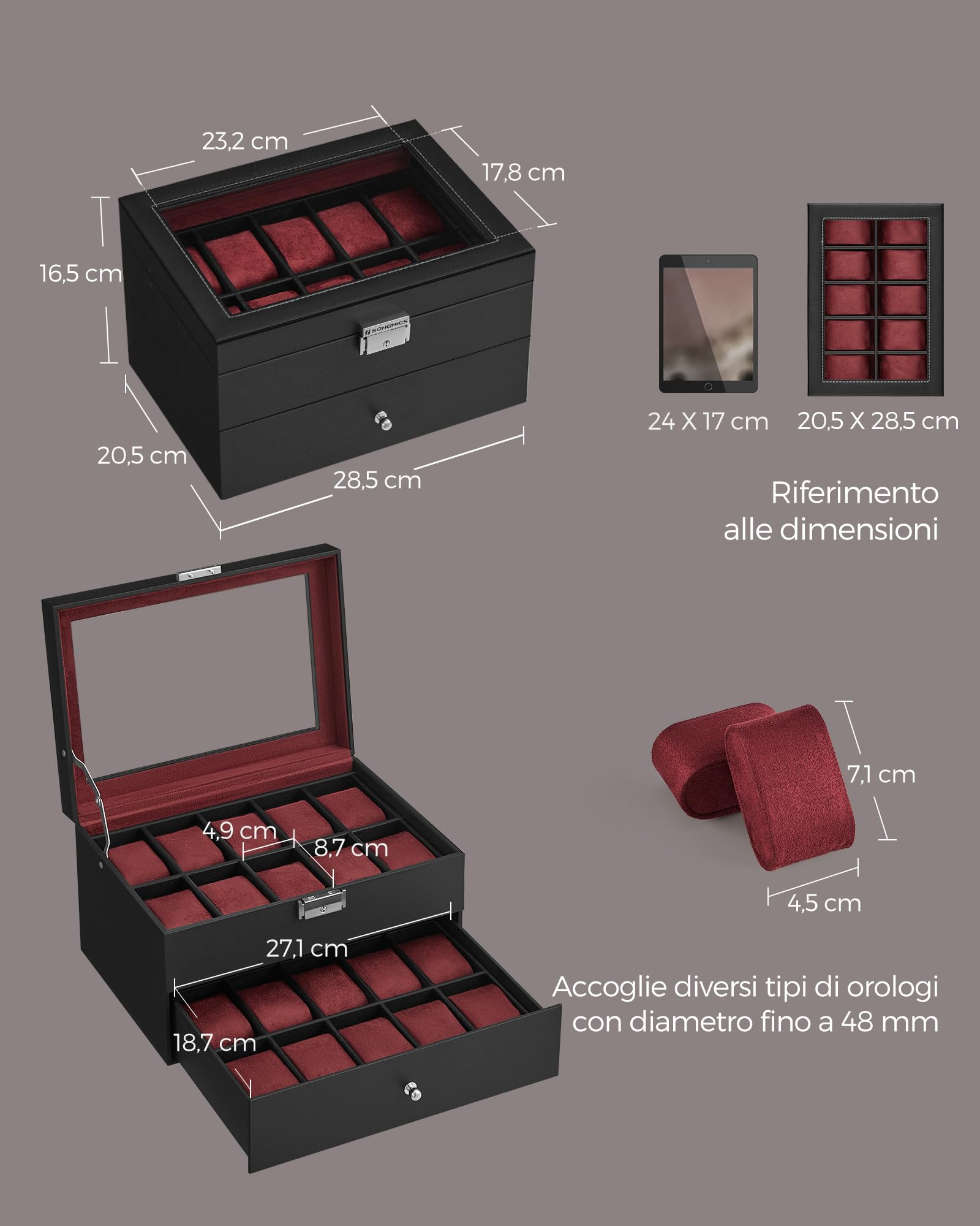 SONGMICS Porta Orologi, Scatola Portaorologi a 2 Livelli, Coperchio in Vetro, con Cuscinetti Rimovibili, Idea Regalo, Superficie in PU Nera, Interno Rosso Bordeaux JWB020R01