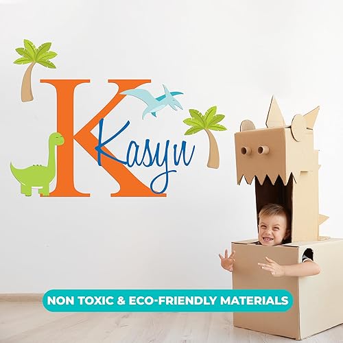 Miniatura 5 de Calcomanías de pared personalizadas con nombre e inicial de dinosaurio, decoración de dormitorio de dinosaurio para niños o niñas, suministros de