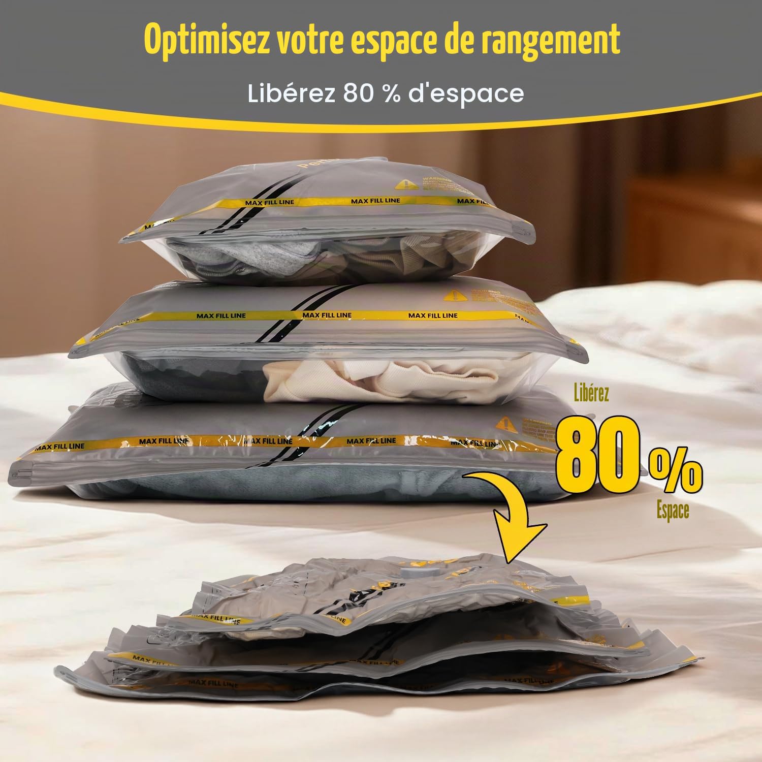 Sac Sous Vide Vetement avec Pompe Sans Fil, 15 Pièces Sac Compression Voyage (5*40x40cm, 5*40x50cm, 5*40x60cm), Gain de 80 % d'espace, Convient pour Les Valises de Voyage et Le Rangement à Domicile