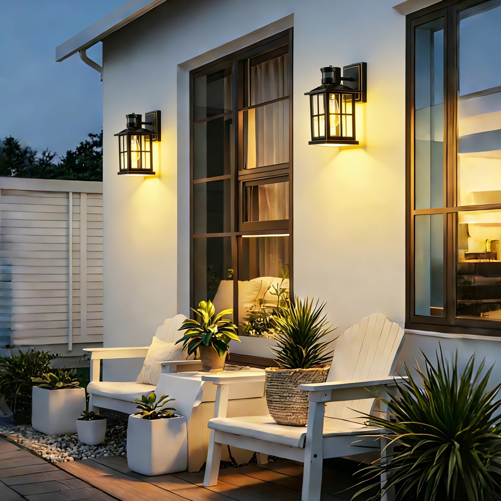 Confezione da 2 luci da esterno con sensore di movimento per portico, lanterna da parete esterna nera, luci da parete per esterni dal tramonto all'alba, impermeabile, per garage, patio, casa.