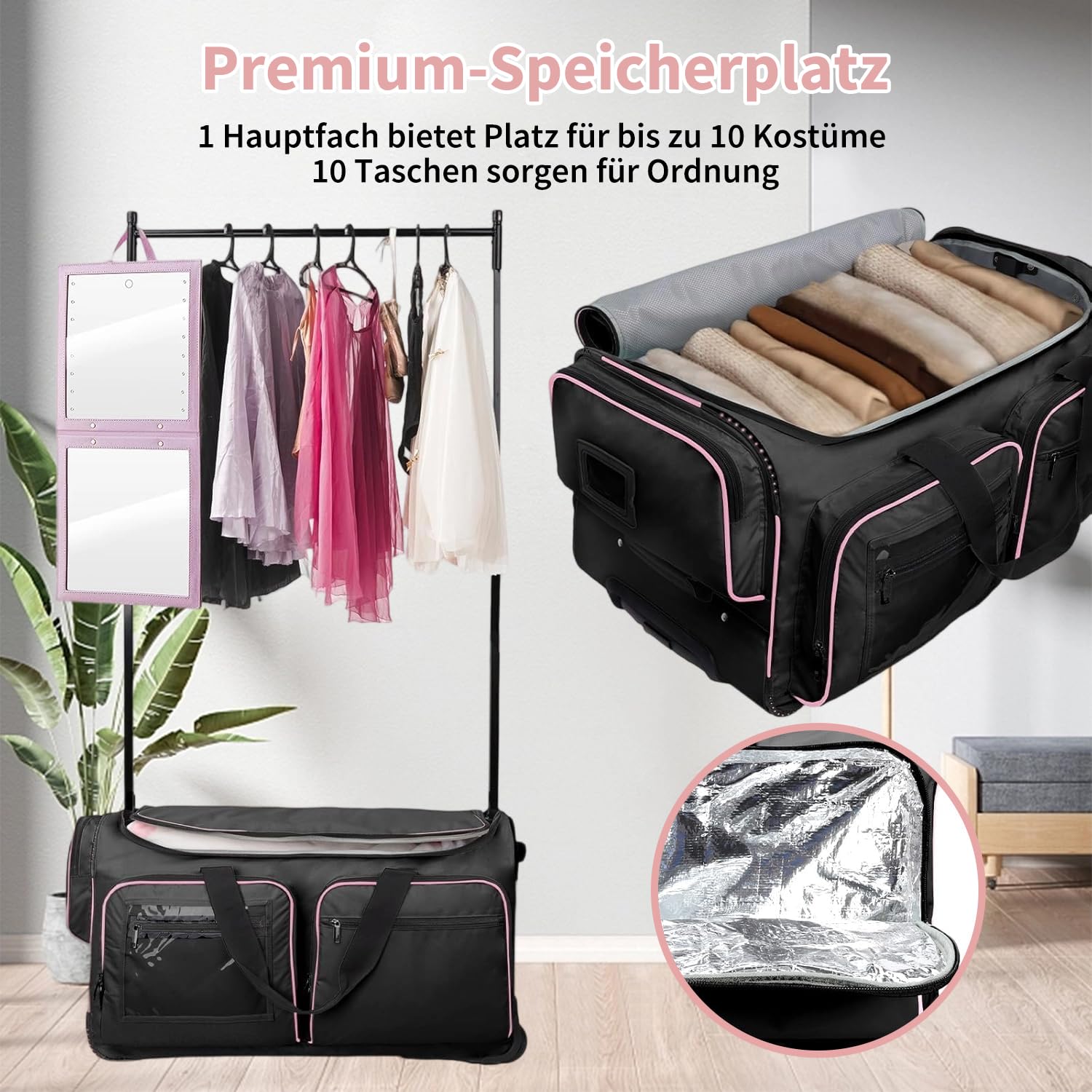 Sac de danse 28" avec porte-vêtements, sac à vêtements de compétition de danse avec roues, sac de voyage pliable, léger et résistant à l'usure, tissu imperméable pour danseurs, Noir , Pliable