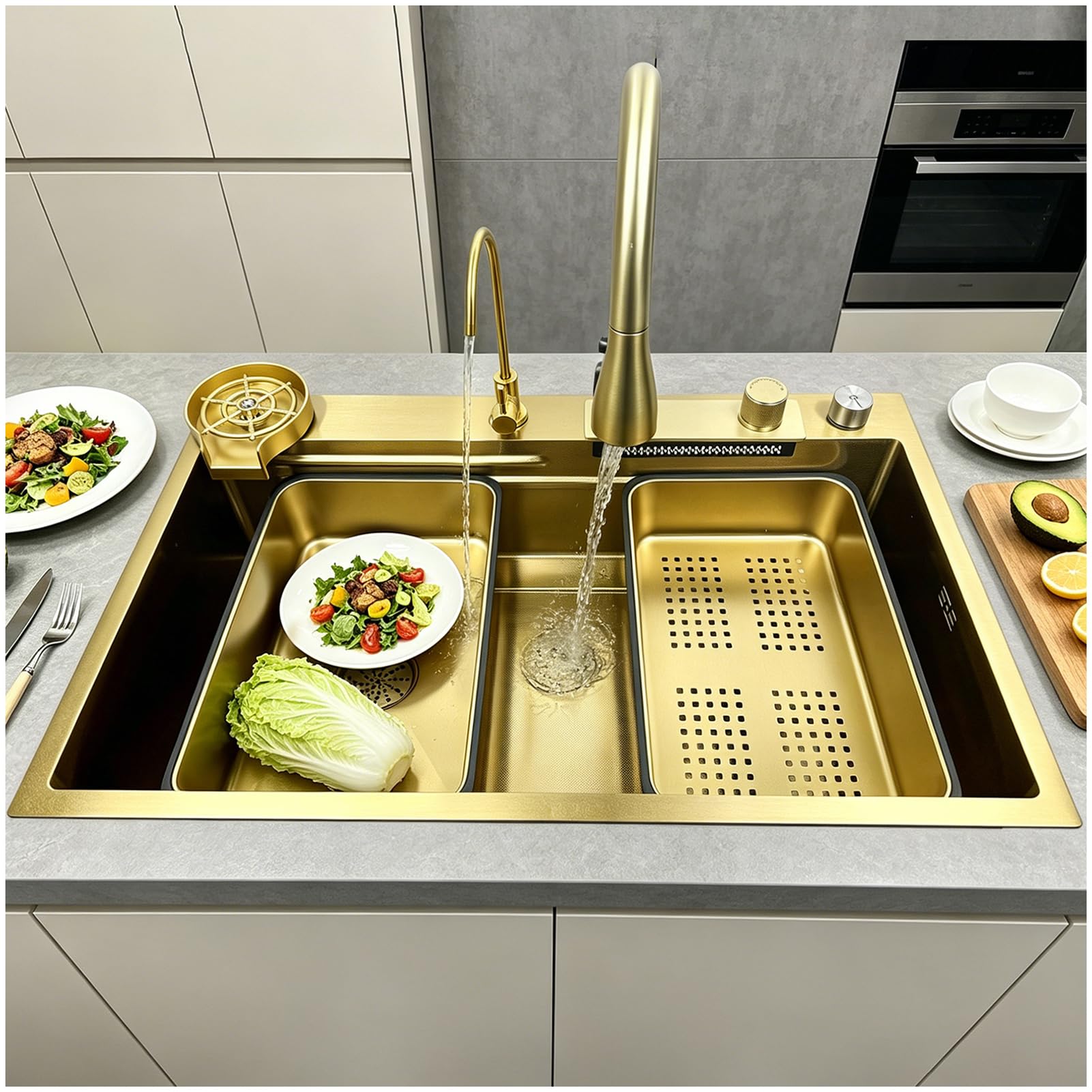 ZQFHSX 65 x 50cm Golden Waterfall Kitchen Sink Stainless Steel 1 Bowl Large Worktop with Pull Out Faucet 2 Drainer Board Soap Dispenser Dishwasher for Glasses