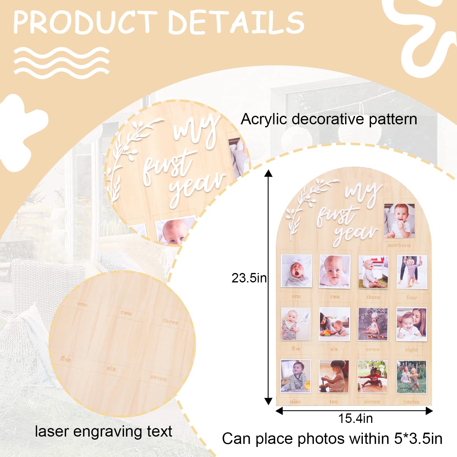 YOUAME My First Year Birthday Wooden Photo Board - First Year Milestone Photo Board?12 Months Baby Birthday Picture Frame