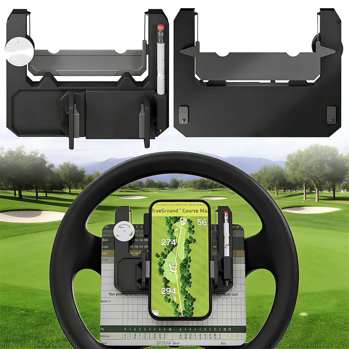 Golf Cart Steering Wheel Phone Holder, Flip Up Phone Holder with Scorecard Slot Secure Spring One‑Hand Operation Spring Quick Clamp for Club Car EZGO Yamaha