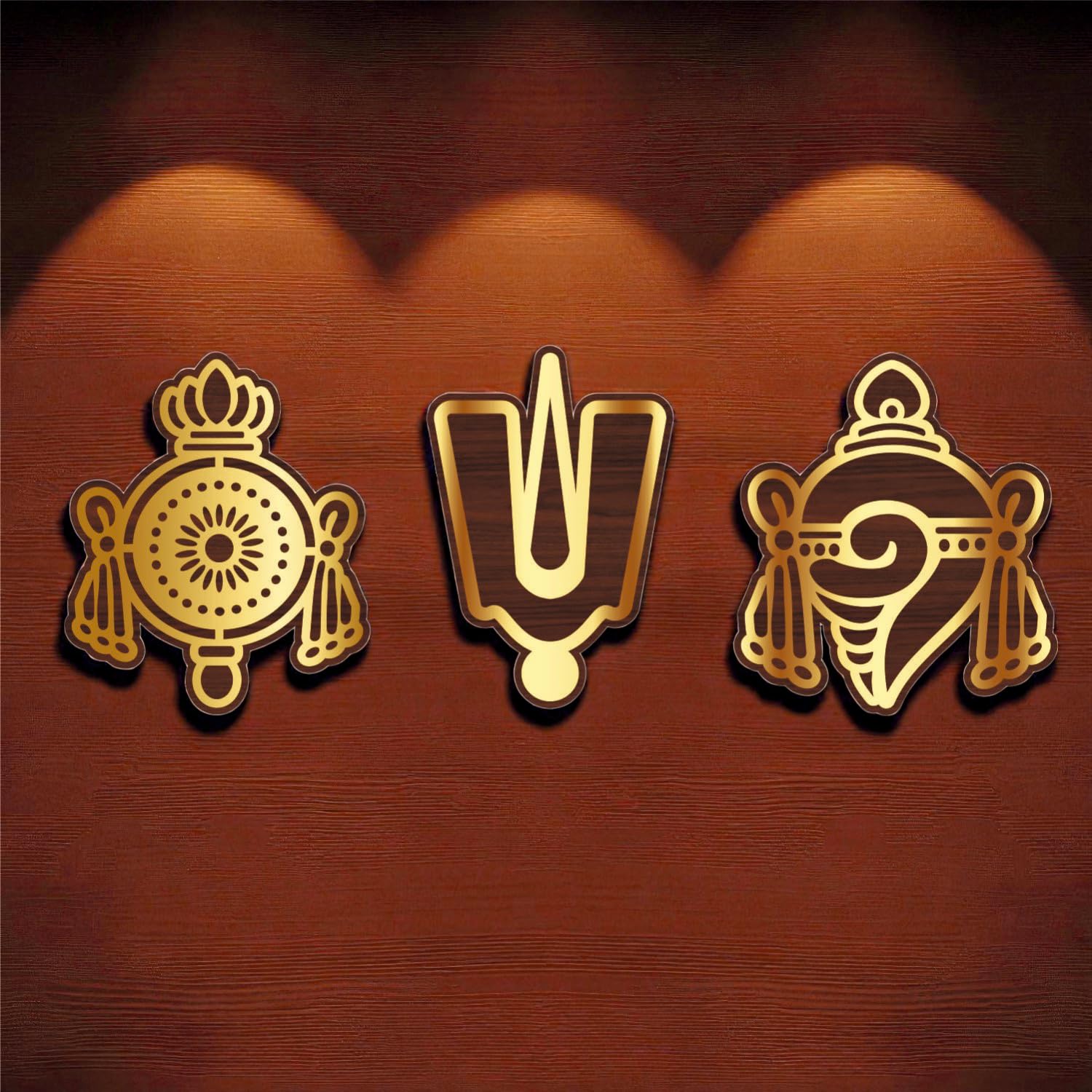 LC Creative Crafts Gold Acrylic with Wooden texture Self-Adhesive Vaishnav Shankh Chakra Namam Wall Set | Tirupati venkateswara swamy |Mandir Decor | Positive Vibes Wall Art | home decor - 6 inch height x 5.25 inch width (LC000358)-image-28