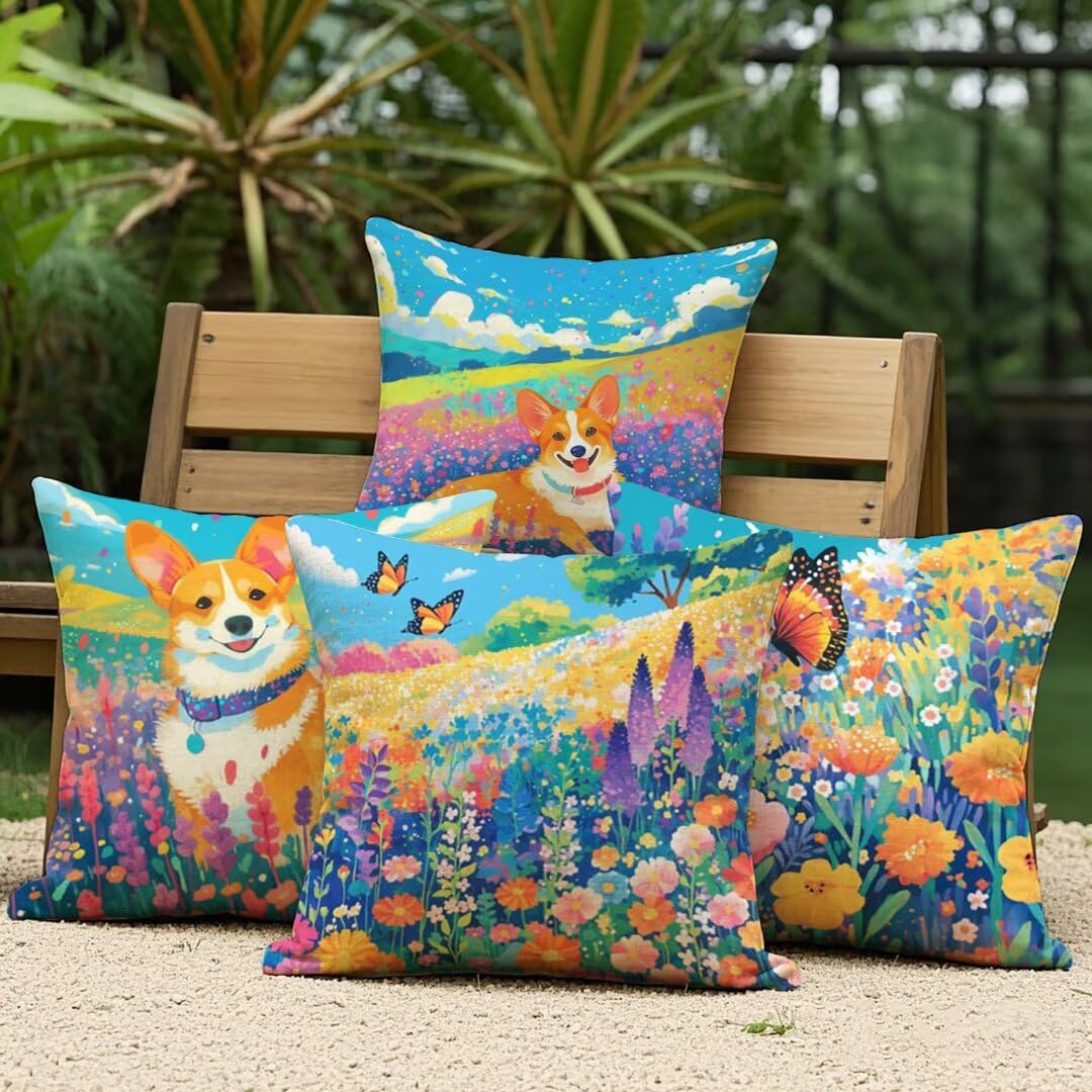 Lot de 4 Housse de Coussin 45x45cm, Housse de Canapé Chien Motif Décoratif Imperméable Lin Taie d'oreiller avec Fermeture Éclair Invisible, Salon Chambre à Coucher Décoration de Maison, Mignon Ym177