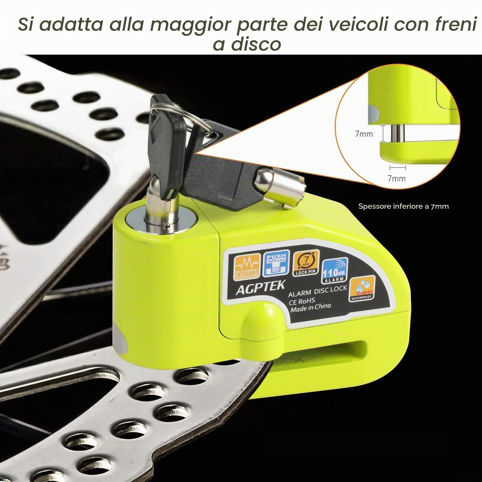 AGPTEK Bloccadisco Antifurto Moto Impermeabile con Allarme Sonoro 110dB, Blocca disco in lega di zinco per moto, bici e monopattino, 2 chiavi e 1,5m Reminder Cavetto