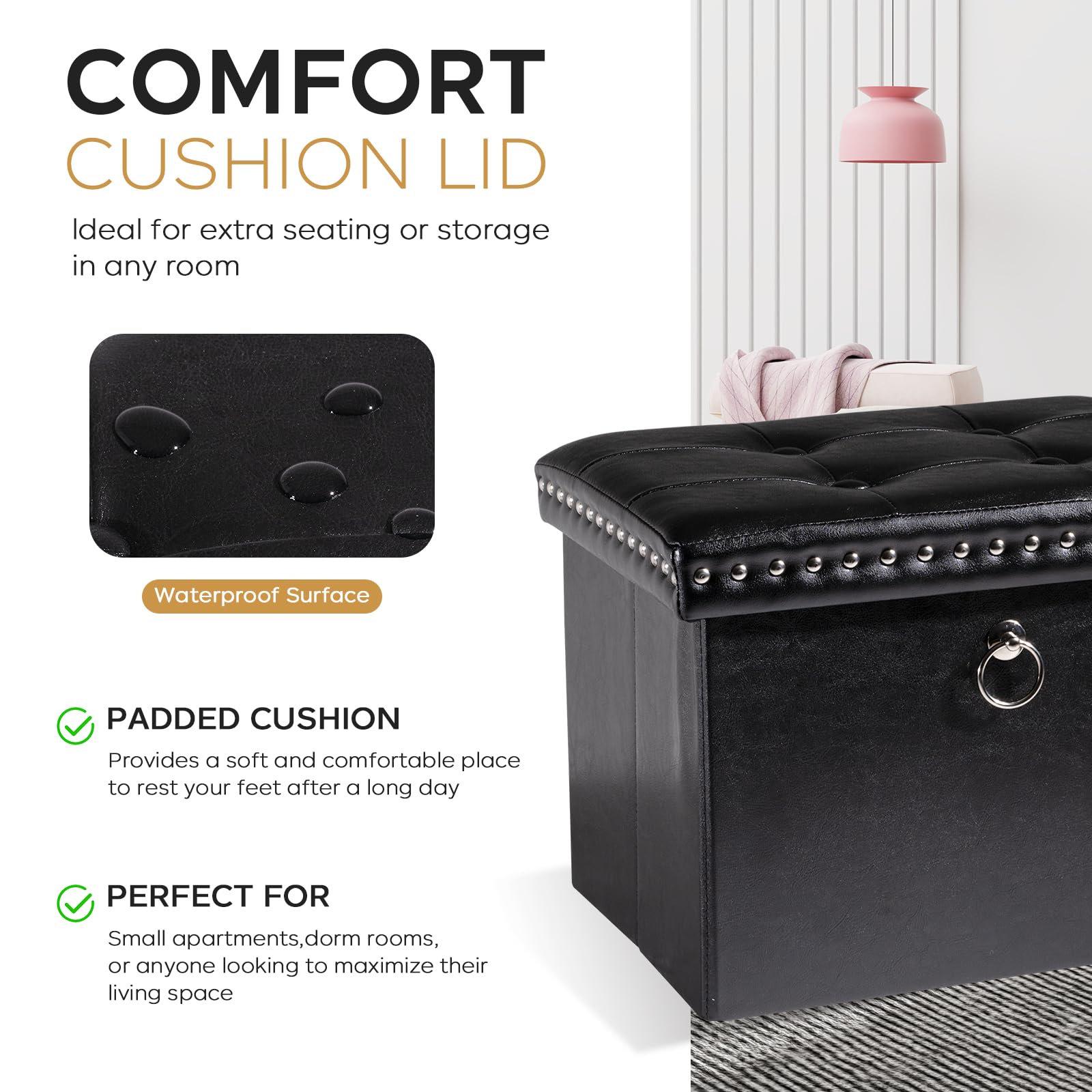 oakvivo Small 16 x 12 x12 Inches Folding Storage Ottoman, Faux Leather Foot Rest Stool with Rivet Design, Ottoman with Storage Vanity Stool Coffee Table for Living Room, Bedroom, Load 242 lbs, Green: Black 12"D x 16"W x 12"H