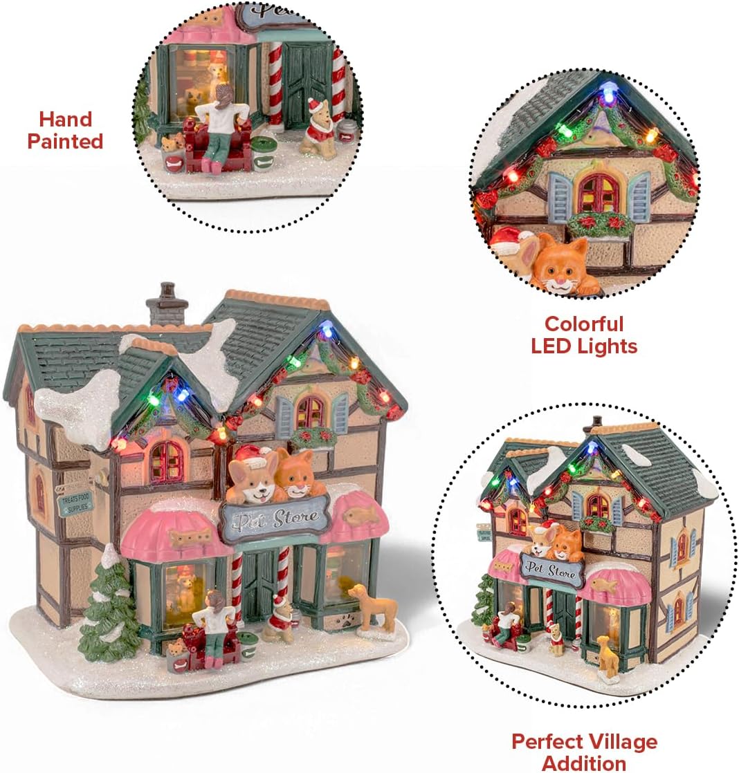 Holiday Pet Store Porcelain Christmas Village with LED Lights and Music