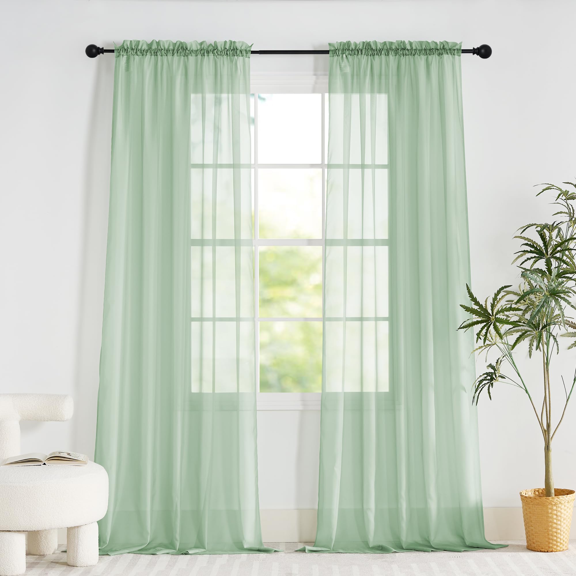 PONY DANCE Sage Green Window Net Curtains 60x90 Inches