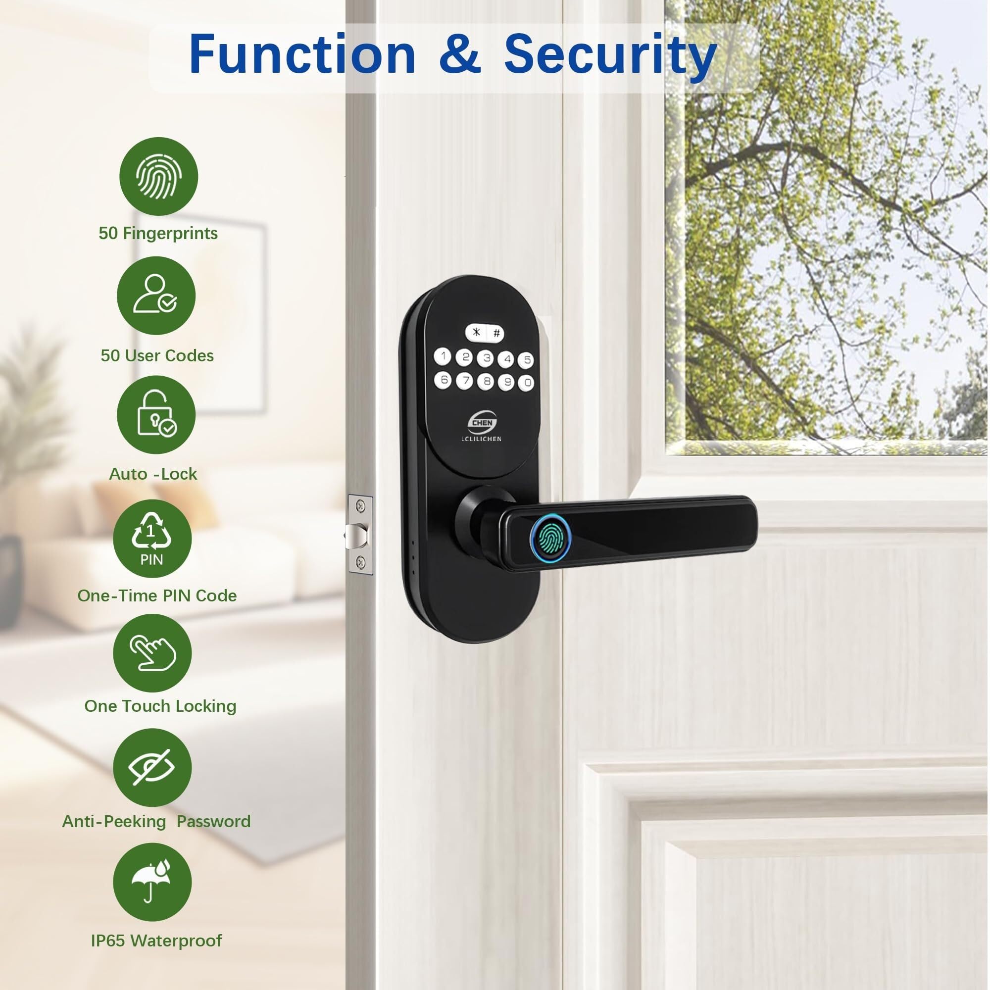 cerradura inteligente Cerradura de puerta de entrada sin llave con manija, cerrojo de huella digital inteligente, control de aplicación y desbloqueo de contraseña del teclado(Bluetooth version)