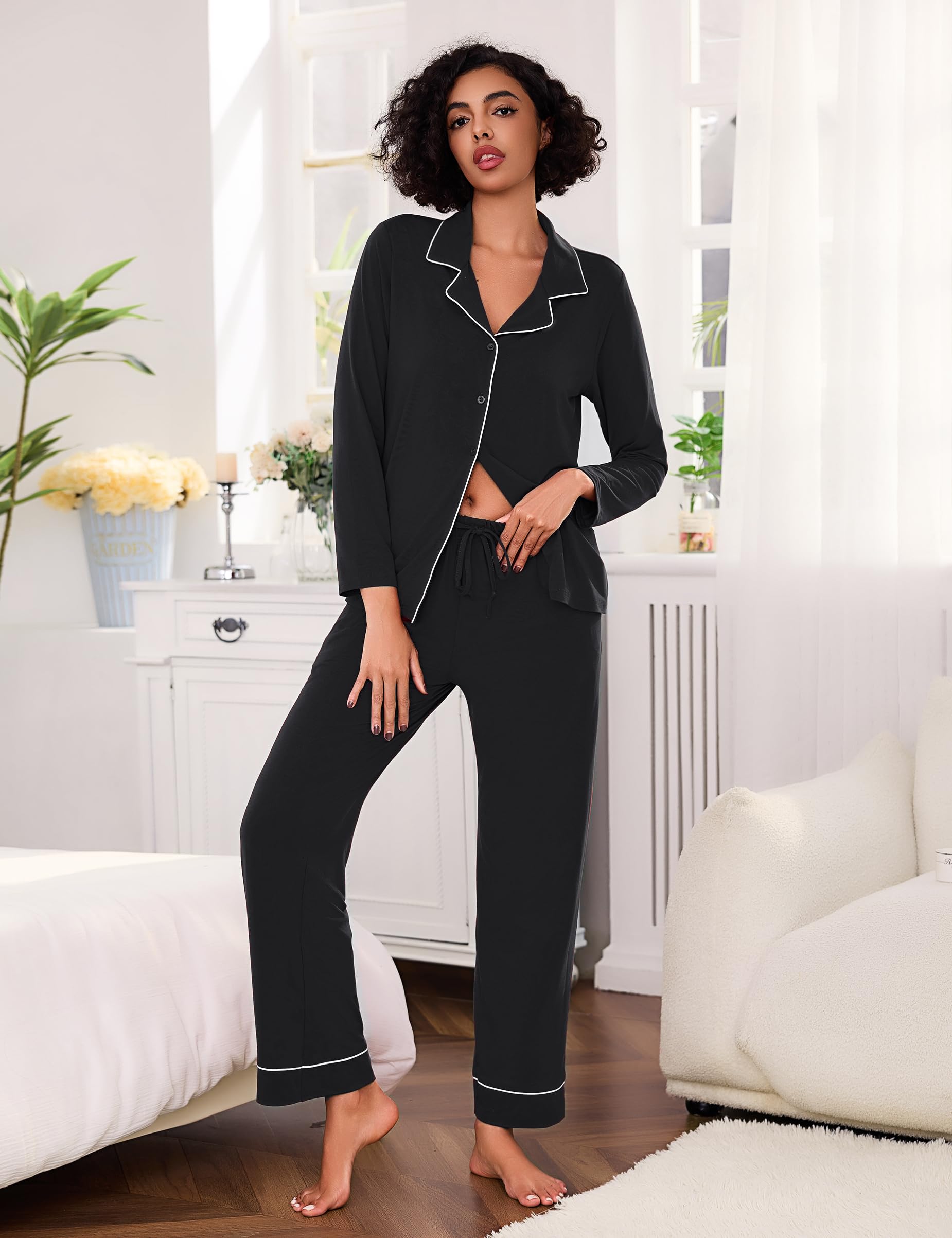 Bresdk Pigiama Donna Invernale Aperto Davanti con Bottoni Cotone a Maniche Lunghe Pigiami Due Pezzi Sciolto Accogliente per Casa e Casuale Ospedale