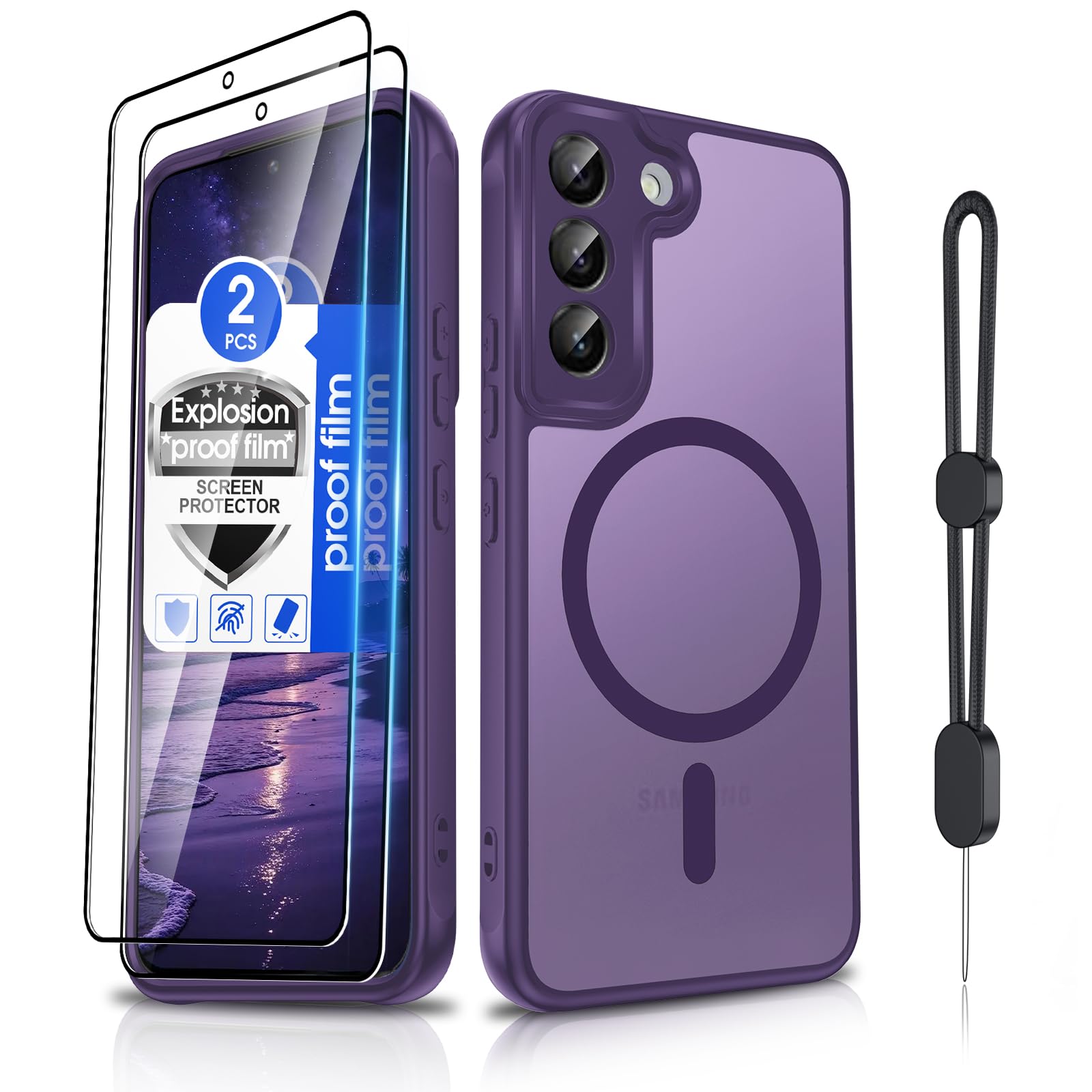 Dizn for Samsung Galaxy S22 Plus Case:Fit for MagSafe, with [2 Pcs] Screen Protector,Band, Matte Translucent Slim Smoot Soft Touch,Military-Grade Magnetic Protective for S22+,Purple