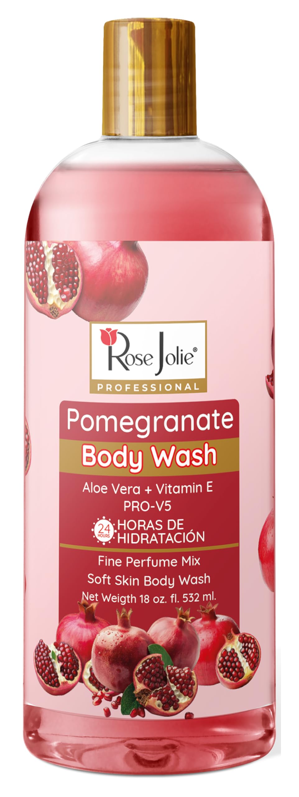 Rose Jolie Pomegranate Body Wash Aloe Vera Vitamin E 24-Hour Hydration Moisturizing Body Cleanser for Soft Skin Sulfate-Free