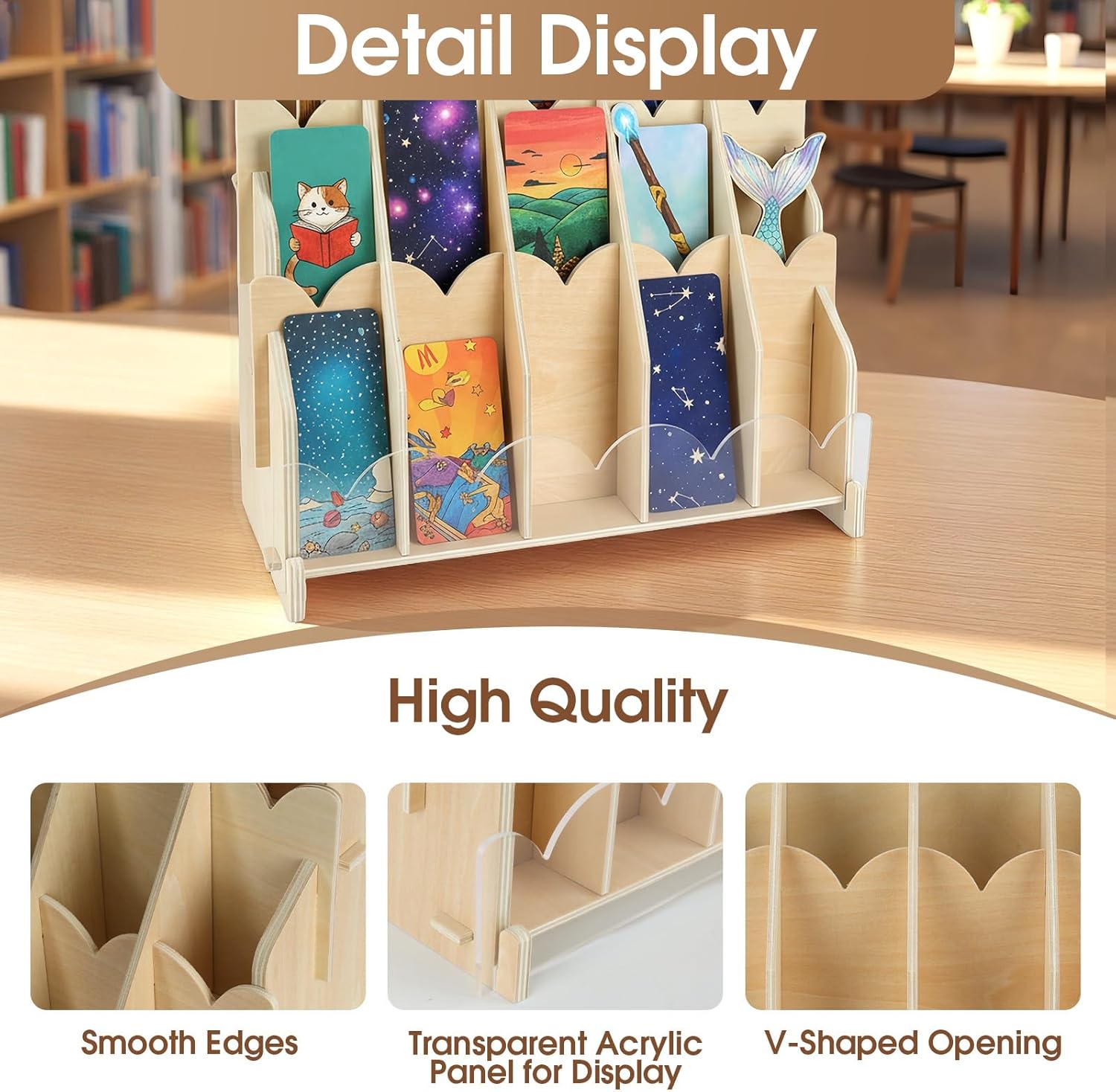 Ebrima Bookmark Display Stand, Wood Bookmark Holder Display for 2”, Adjustable Stand, 15 Compartments, Portable Versatile Holder for Vendor, Craft Fairs, Retail Store Shop, Home decor