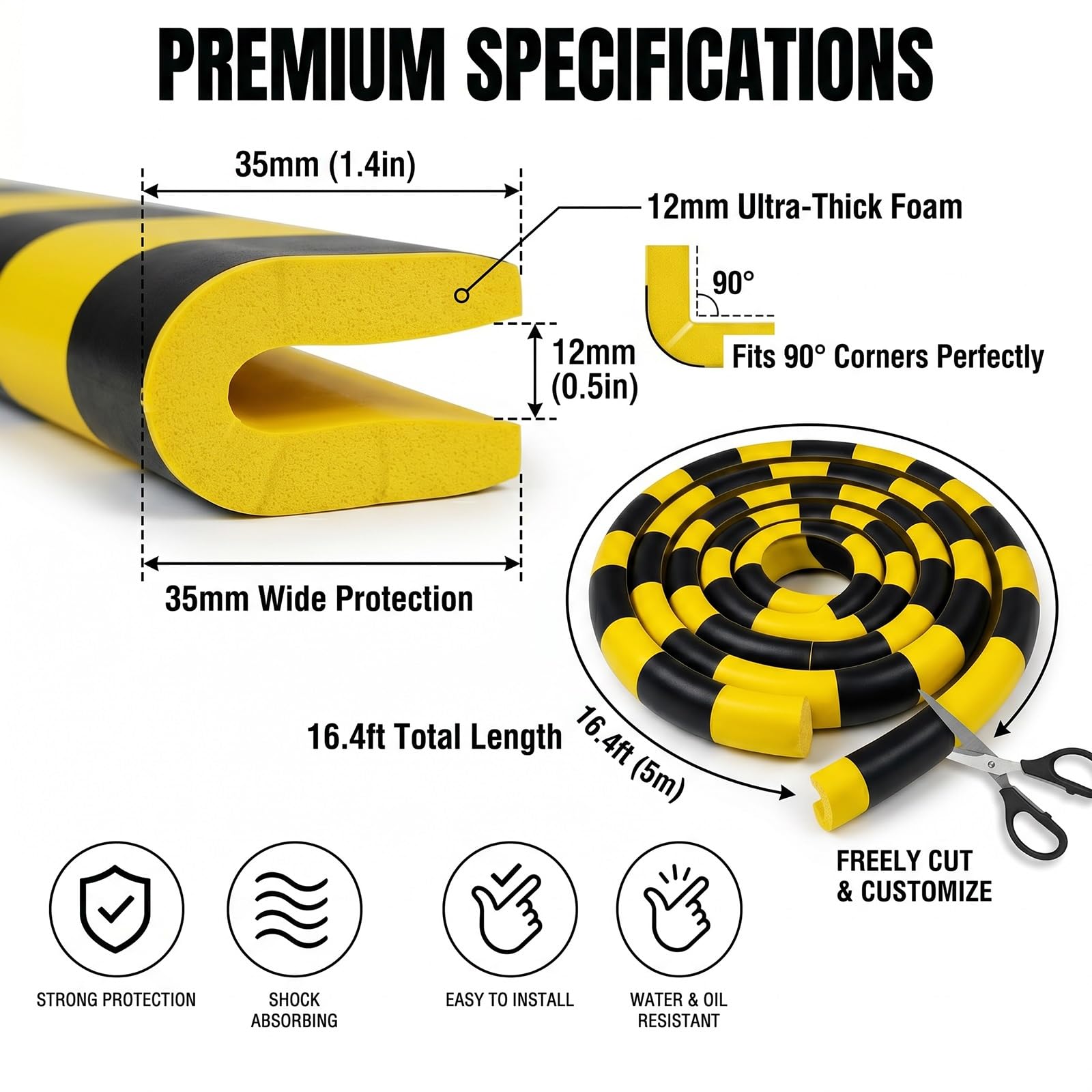 Protector Esquinas Pared Negro Amarillo de Espuma, Protector Mural Autoadhesivo 500Cm, Pack de 4 Protecciones Industriales for Borde Maquinaria
