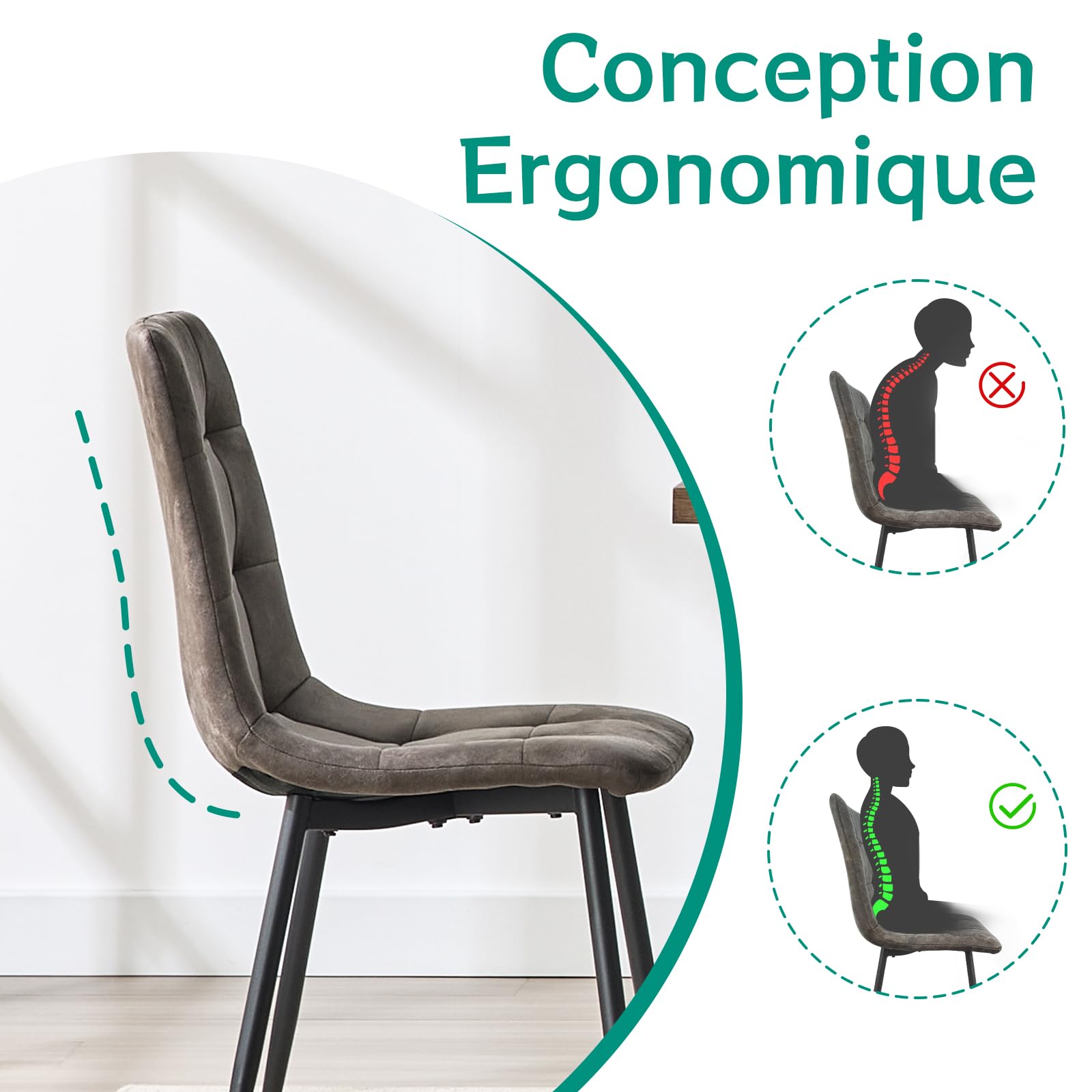 JIJIAN Lot de 6 Chaises de Salle à Manger, Chaises de Cuisine en Tissu Technologique, Chaises Rembourrées pour Salon avec Pieds en Métal Noir, pour la Salle à Manger, la Salle d'attente, Marron
