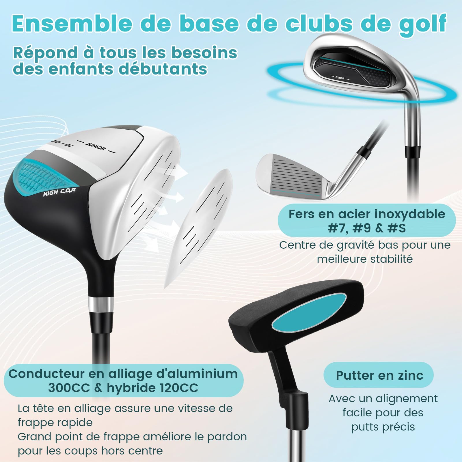 COSTWAY Ensemble Club de Golf Portable pour Enfants, Set de Golf Complet Sac Trépied avec Capuche Anti-Pluie, pour Droitier