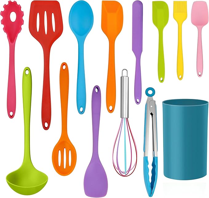 LIANYU 14 Pcs Cooking Utensils Set with Holder, Heat Resistant Silicone Kitchen Cookware Utensils Set, Kitchen Cooking Tools Includes Spatula Spoon Turner Whisk Tong, Dishwasher safe, Black