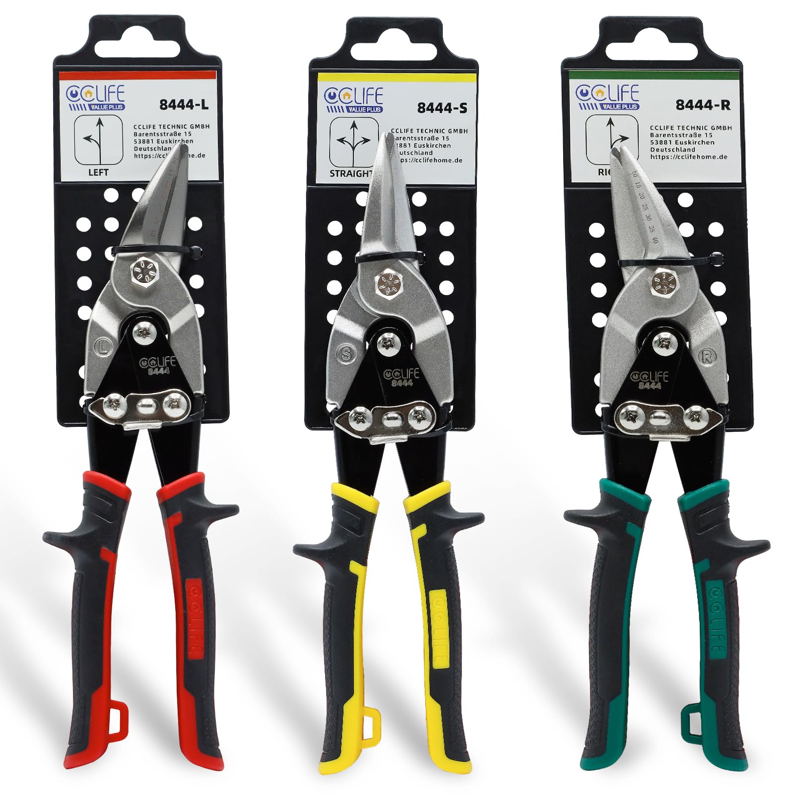 CCLIFE 3pcs ciseaux metaux Cr-Mo ciseaux a tole cissaille a metal tin snips 250mm de directement Gauche et Droite pour Découpe les profiles tôle pour plaque en acier inoxydable, fer, aluminium