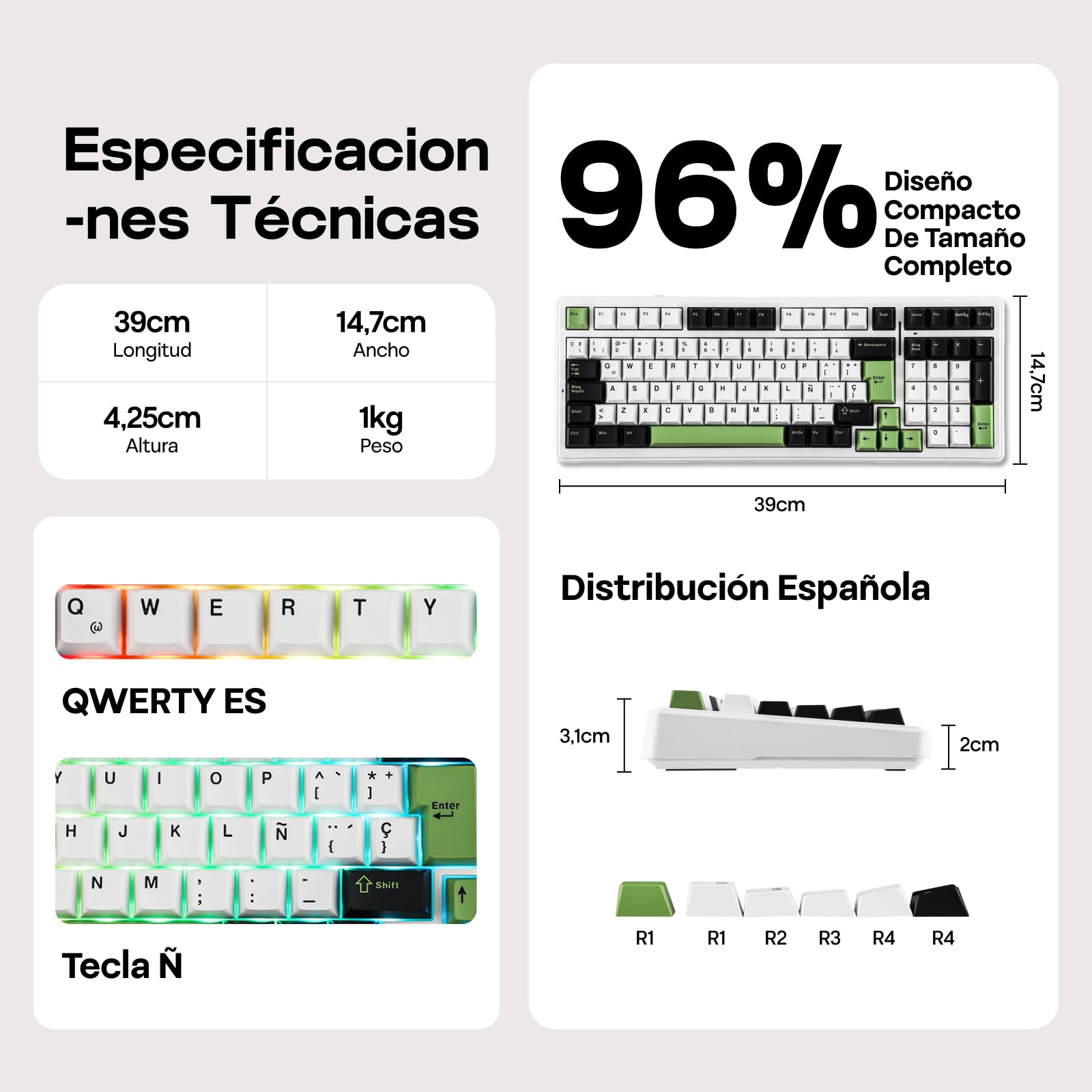 MechLands Aula F99 96% Teclado para Gaming Con Cable, Distribución QWERTY Español, Creamy Teclado Mecánico Con Junta, Retroiluminación RGB, Hot Swap, Interruptor Lineal Prelubricado (Negro Verde)