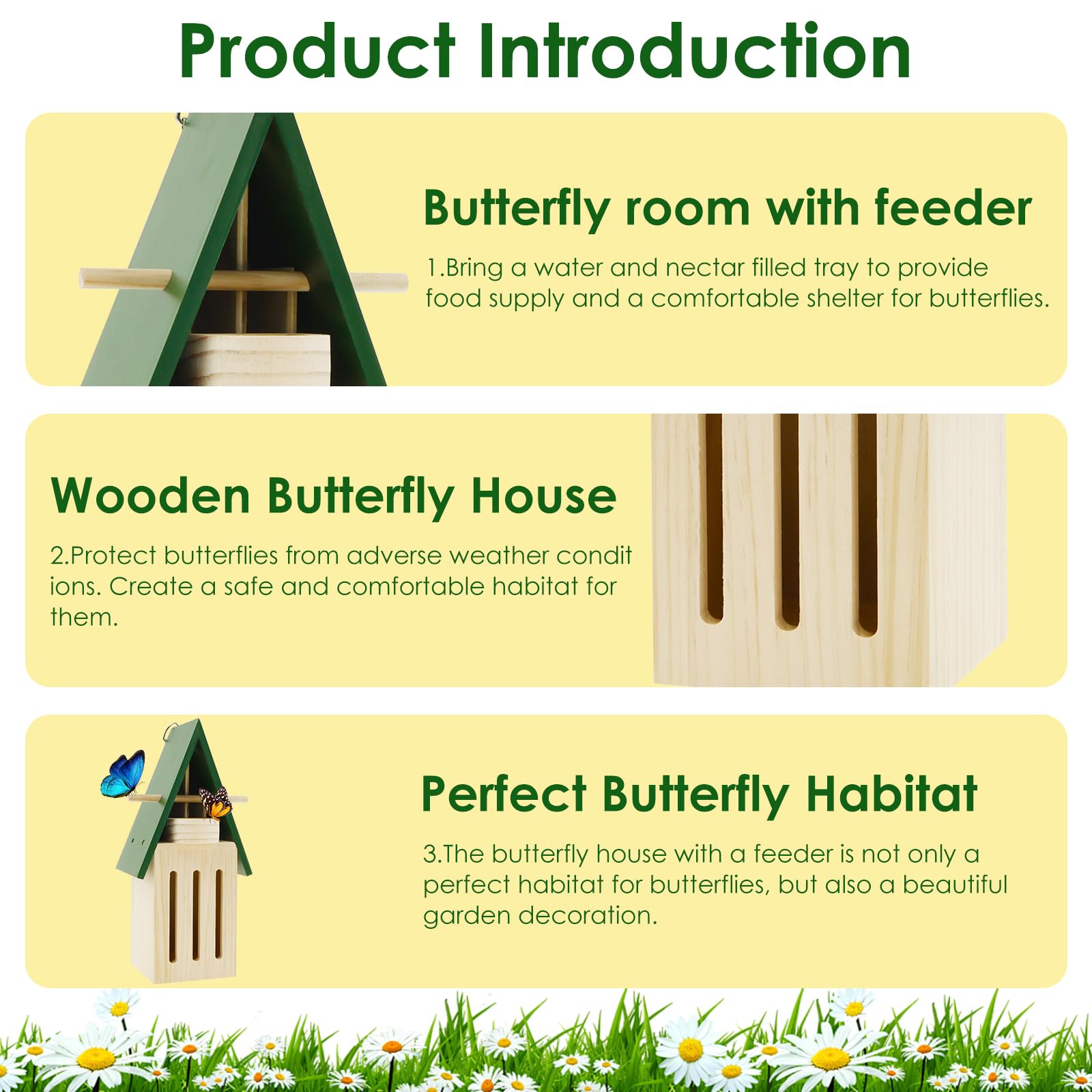 Butterfly House and Feeder for Outside, Natural Wood Butterfly House with Feeder, Decorative Butterfly Shelter Safe Butterfly Habitat with Hooks Hang on Wall or Tree for Outdoor Garden Decor