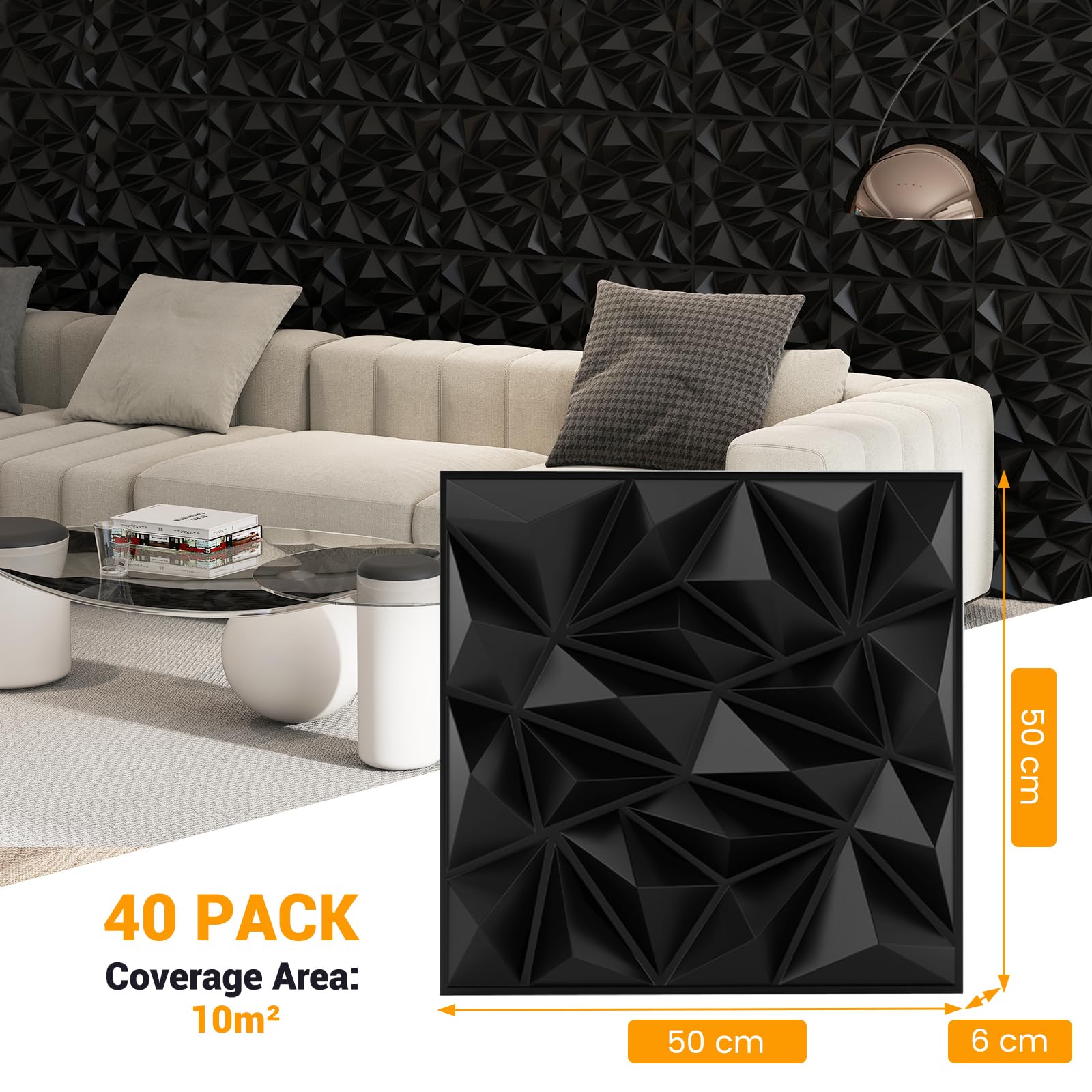 LIFEZEAL 40Pcs 3D Panneaux Muraux en Forme de Losange, 50 x 50 CM Décoration Murale Intérieure en PVC, Panneaux Carrés de Plafond pour Salon Chambre, 10 ㎡ (Noir)