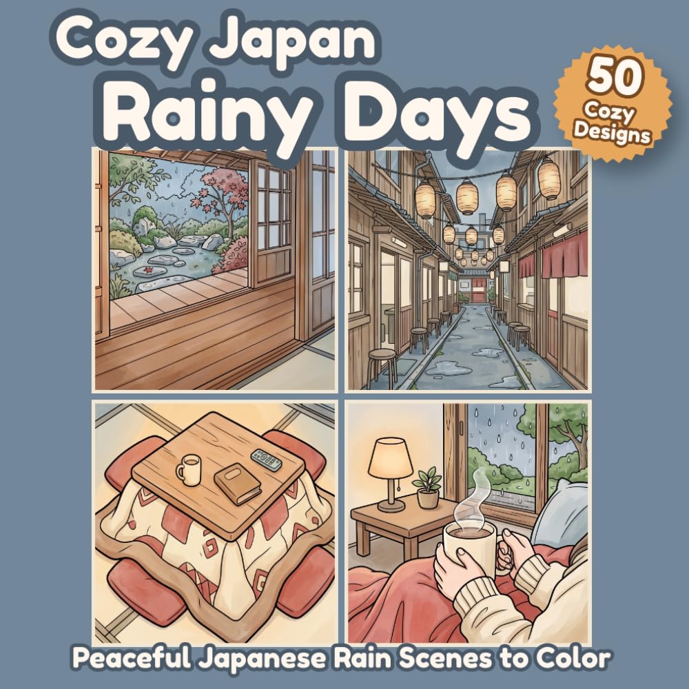 Cozy Japan Rainy Days: Peaceful Japanese Rain Scenes to Color (Cozy Japan Coloring Collection)