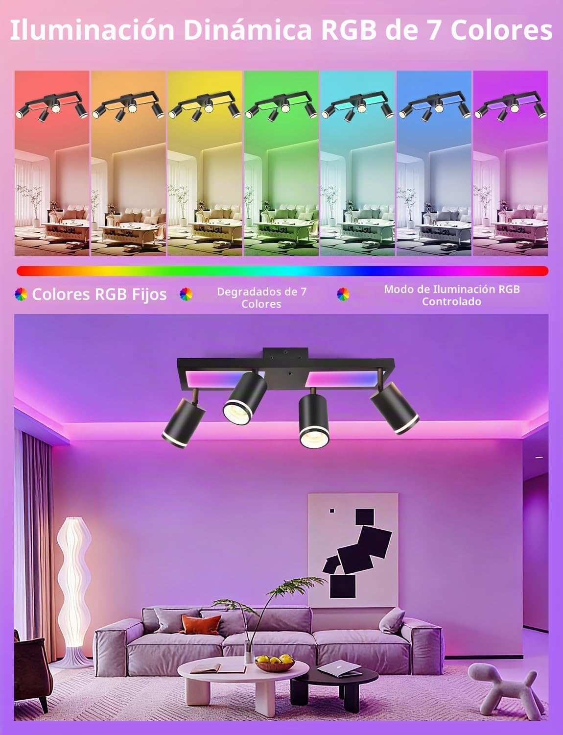 YindaLux Lámpara Techo Focos Giratorios GU10, RGB 30W 3600LM Foco de Techo con Mando a Distancia, Negro Plafón de con 4 Focos con Luz Inferior 10W+4x5W GU10 para Salon