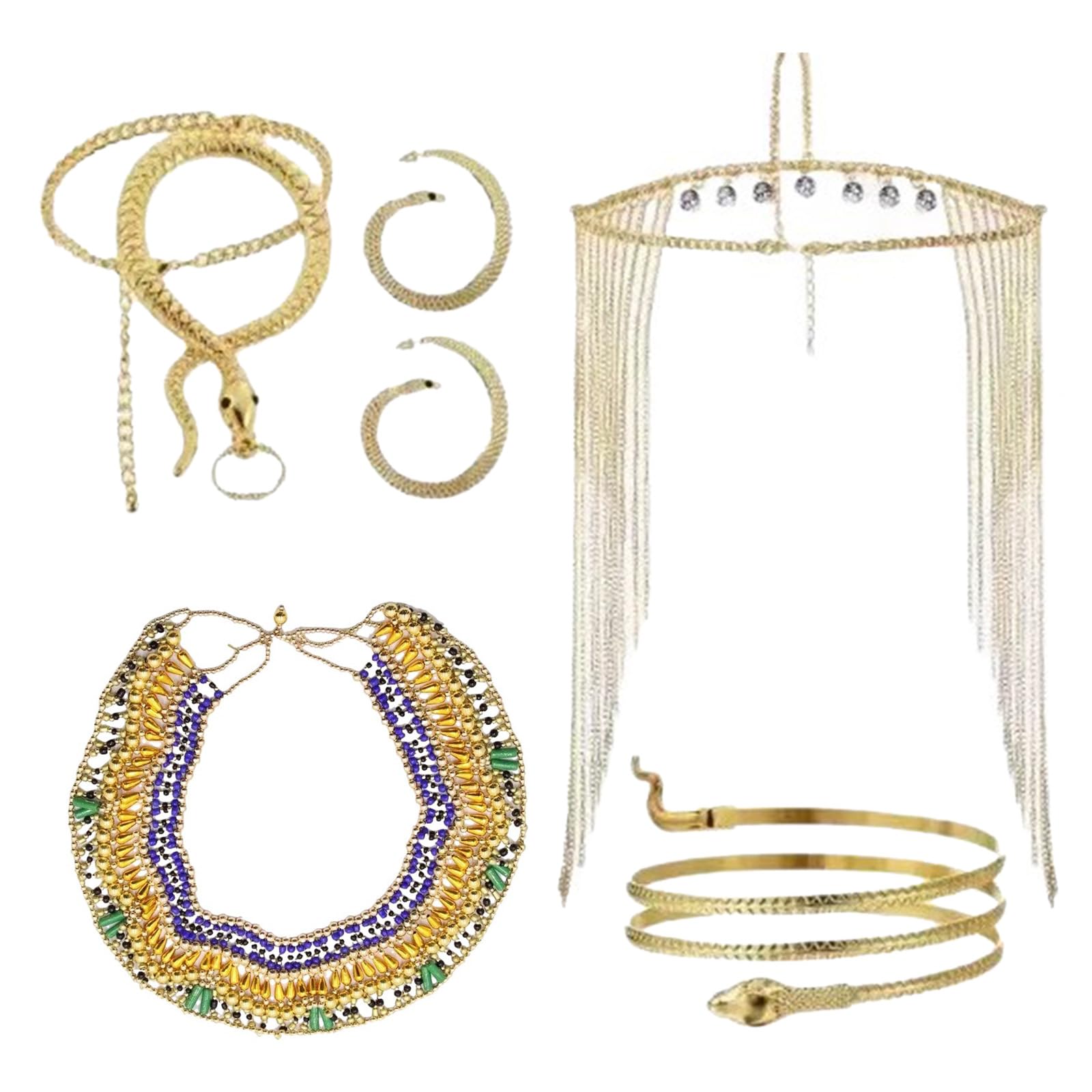 Accessori per travestimento egiziano, da donna, per Halloween, carnevale, con catena, serpente, collare, orecchini, accessori per costumi egiziani