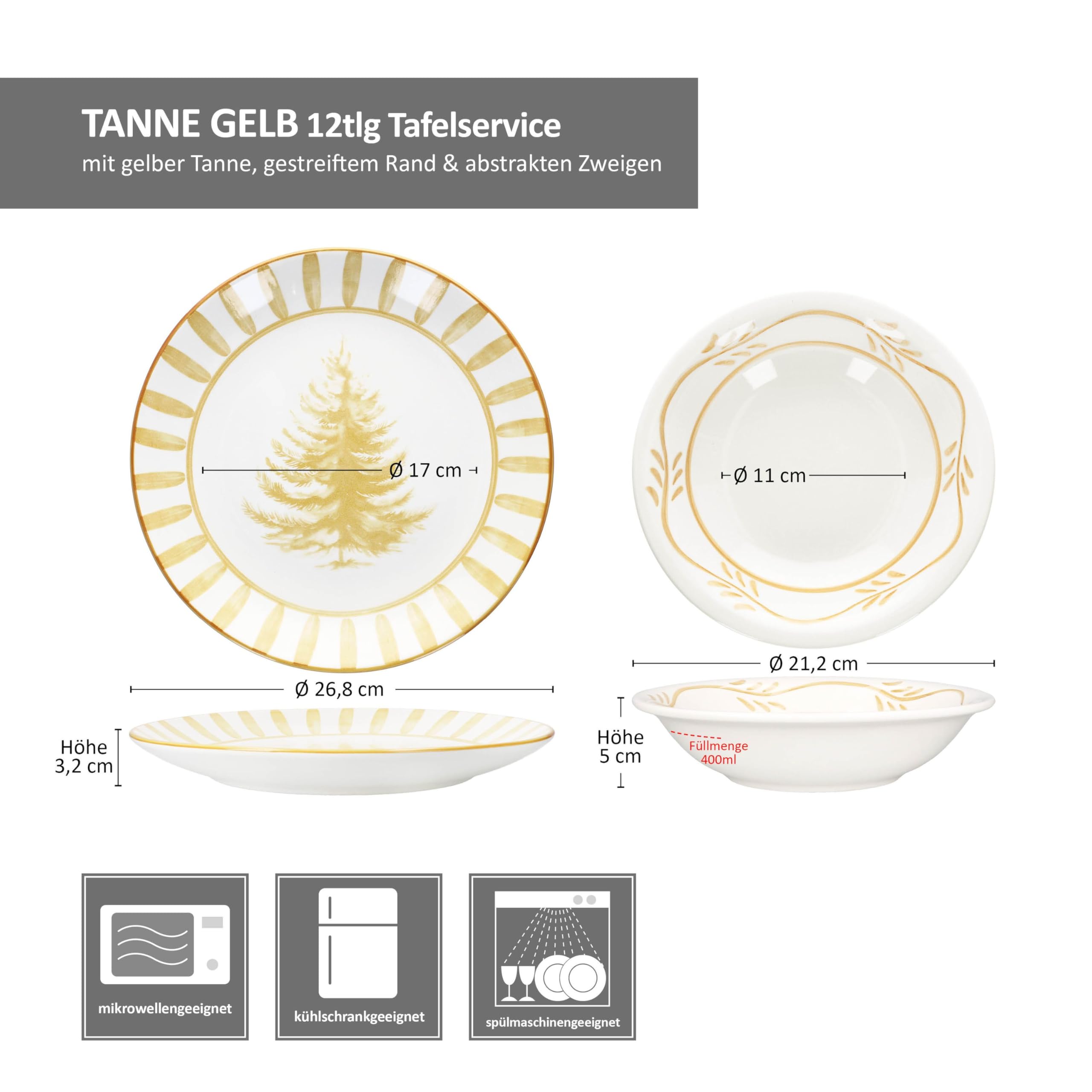 MamboCat Wald ocker 12tlg Tafelservice I Steingut-Geschirr für 6 Personen Tanne & Zweigen I 6x flache Speiseteller & 6x tiefe Suppenteller 400ml