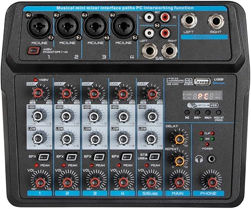 Xuthusman Mezclador de audio profesional de estudio en vivo USB de 6 canales, mezcla de potencia Contrl Phantom Bluetooth DJ, mezclador de audio con