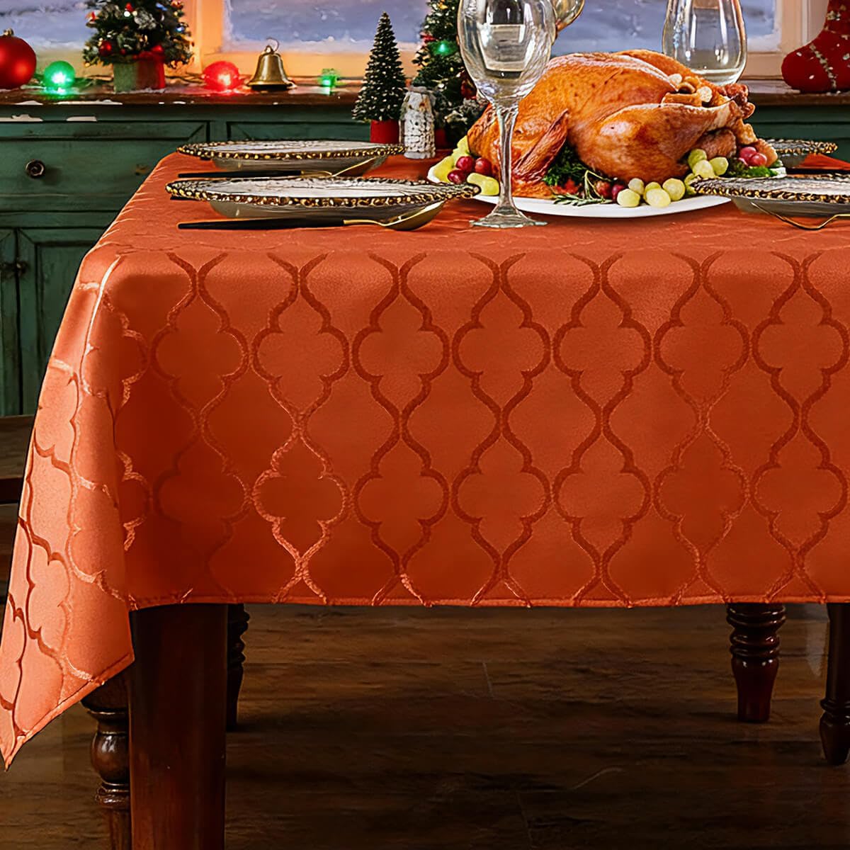 SASTYBALE Burnt Orange Christmas Damask Tablecloth 60"x120" Rectangle - Water Resistant Washable Fabric for Holiday Dining & Kitchen Tabletop (10-12