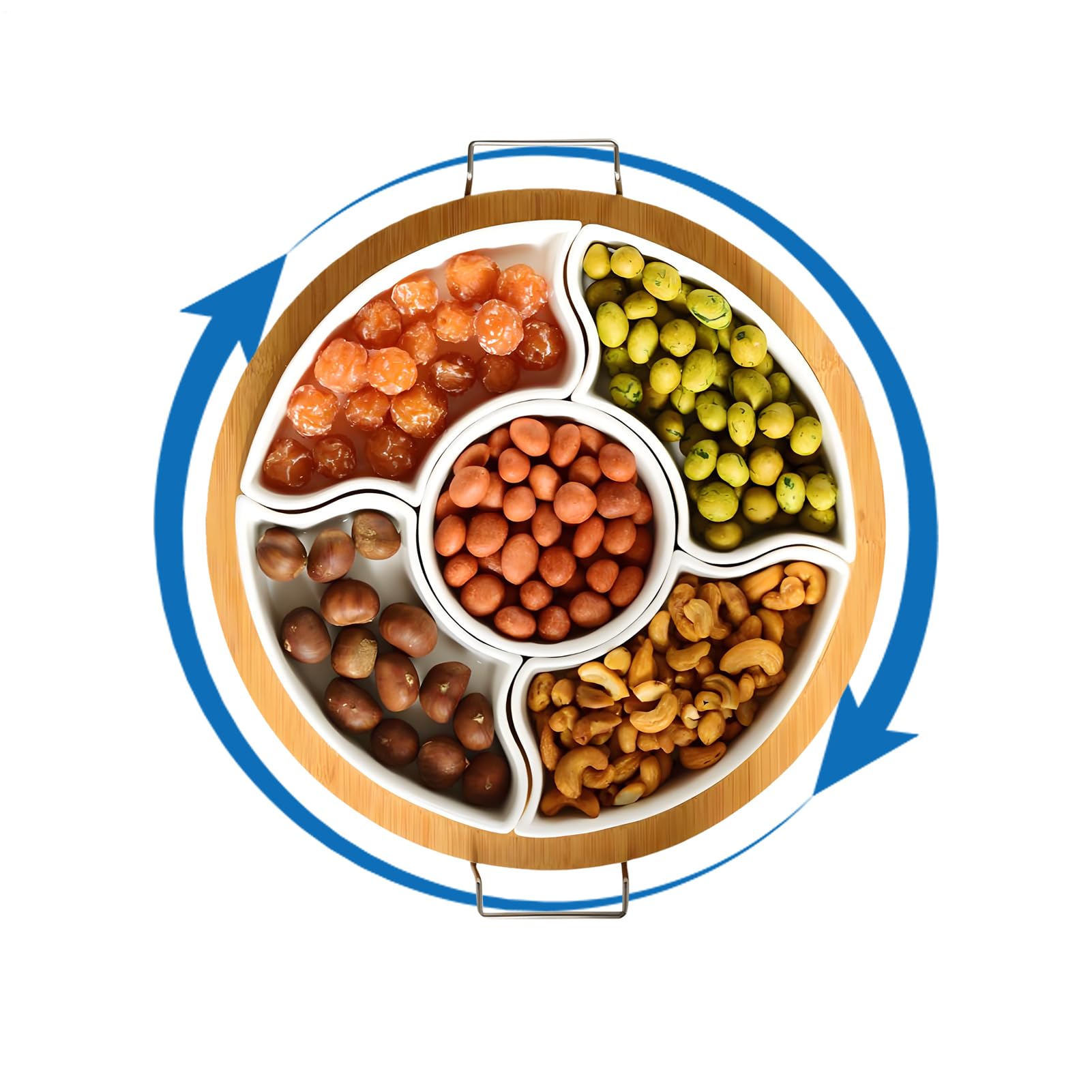 Giratorio De Snacks Fuente de frutas con dispensador extraíble de 5 | Bandeja de servir giratoria dividida con asa Frutas, chips y dip para , picnics, camping y Navidad
