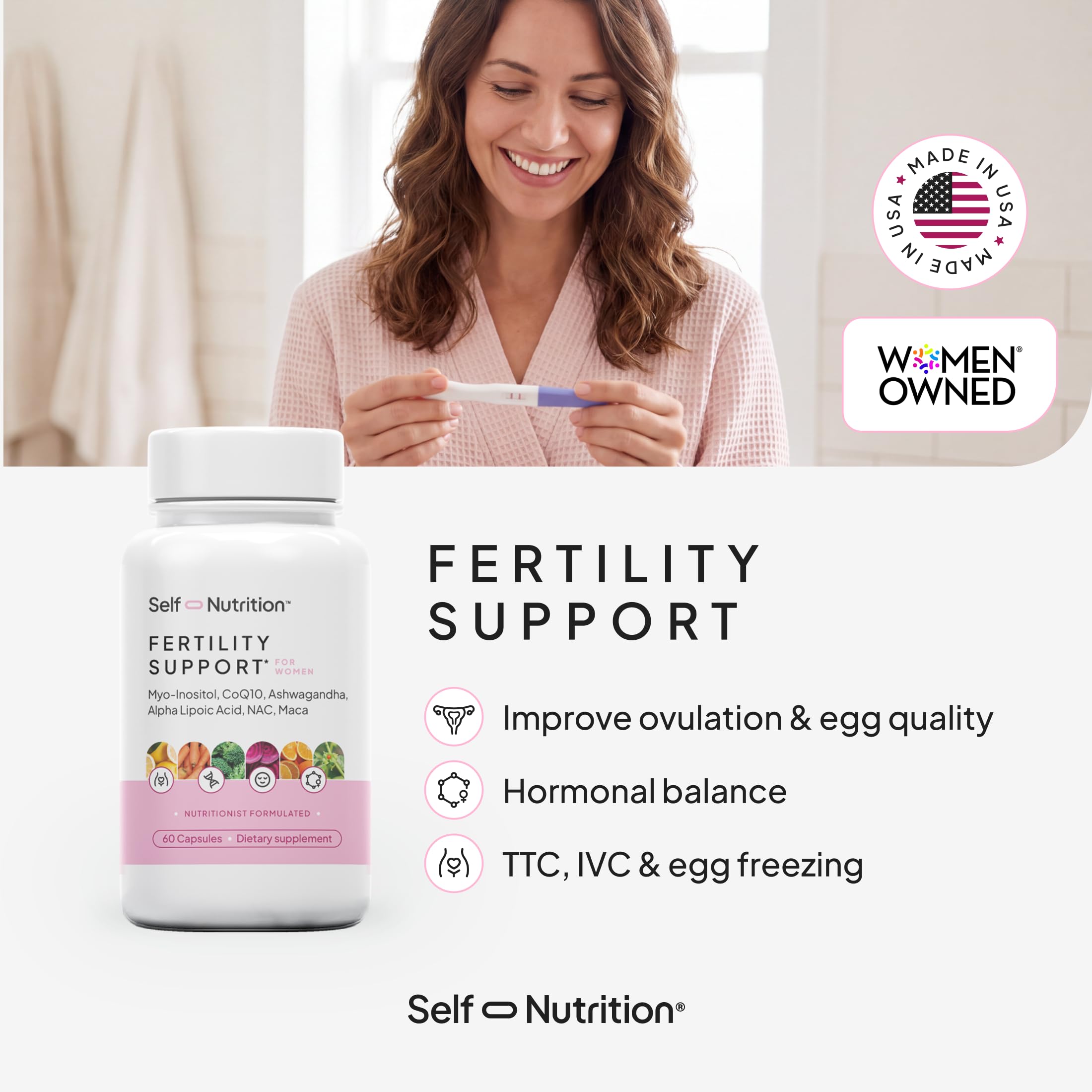 SELF NUTRITION Fertility Support for Women | Conception for Her, Coenzyme Q10, Ashwagandha, Myo-Inositol & More| Support Cycle Regularity & Ovulation| Vegan, Non-GMO, USA Made-60 Capsules — Amazon image 2