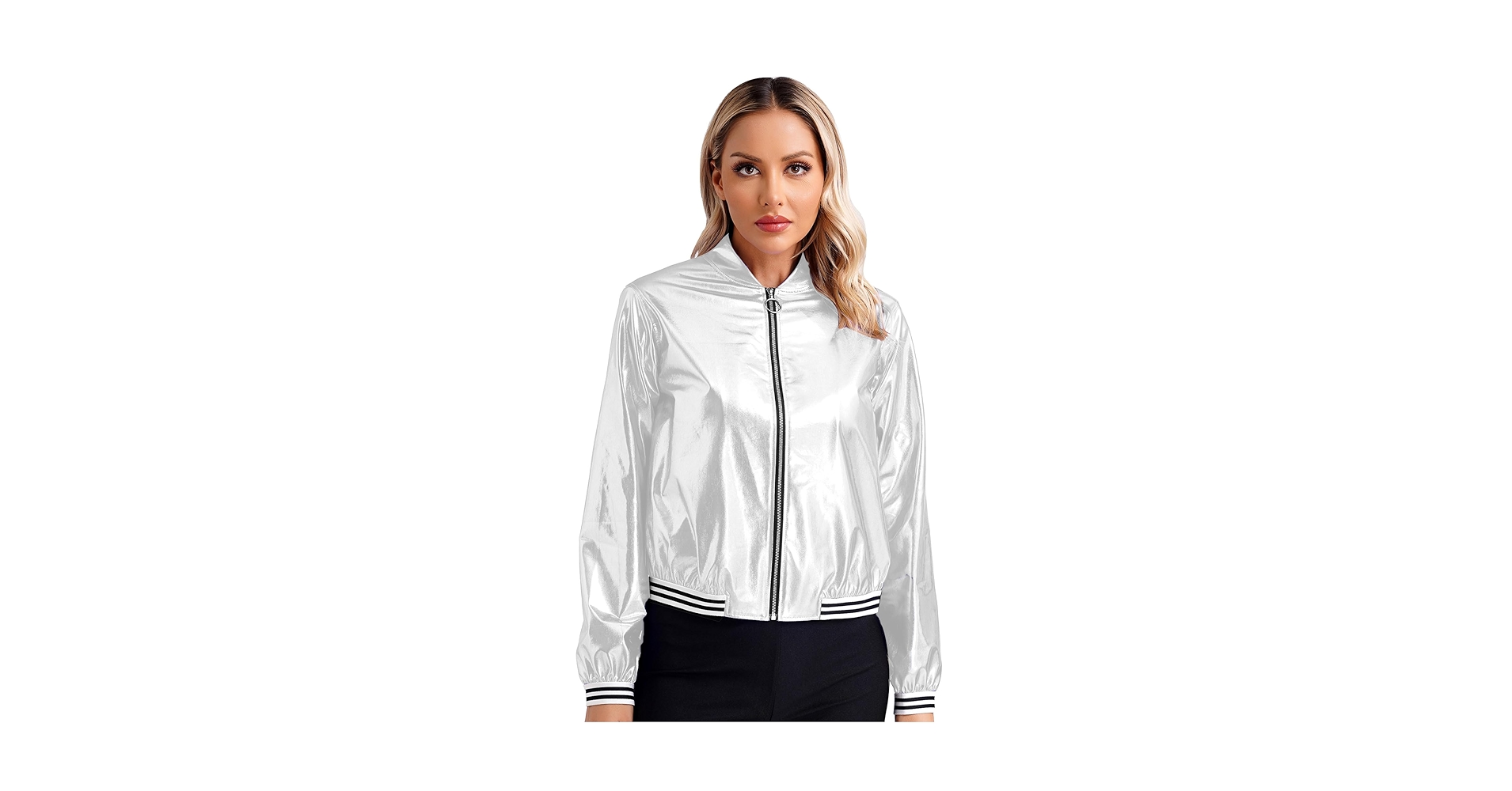 Amazon.com: Linjinx Women's Shiny Holographic Zip Up Bomber