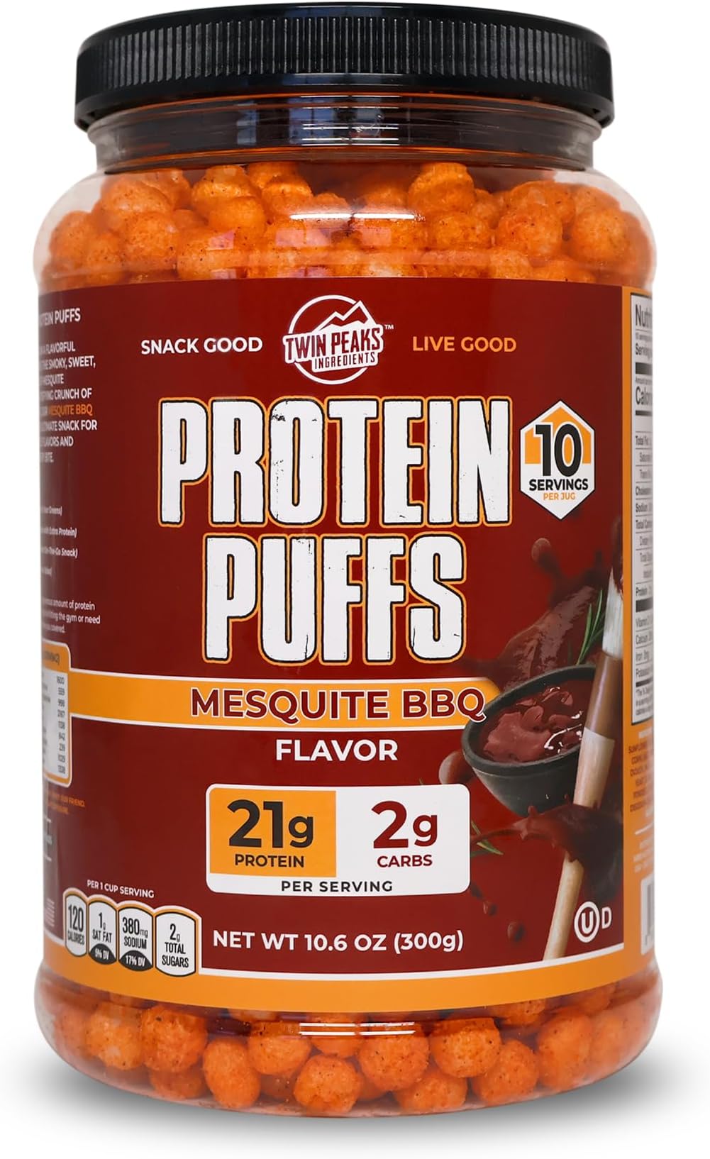 TWIN PEAKS INGREDIENTS Low Carb, Keto Friendly Protein Puffs, Mesquite Barbecue (300g, 21g Protein, 2g Carbs)