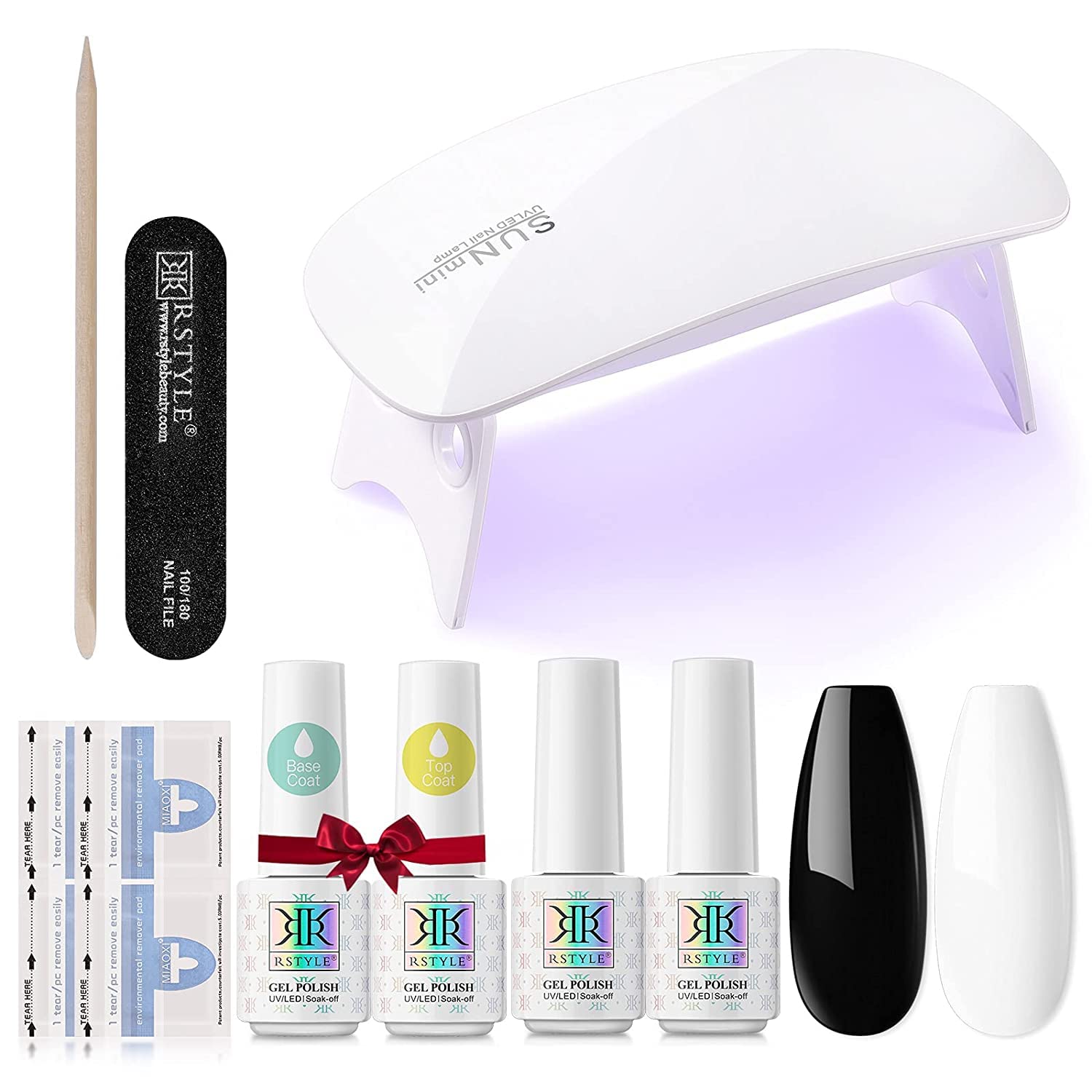 RSTYLE Gel Nail Polish Kit with U V Light Base and Top Coat, 2 Pcs Popular Black and White Colors Gel Polish Set U V Nail Lamp Soak Off for All Seasons Nail Art Design- 5ML Tiny Bottle