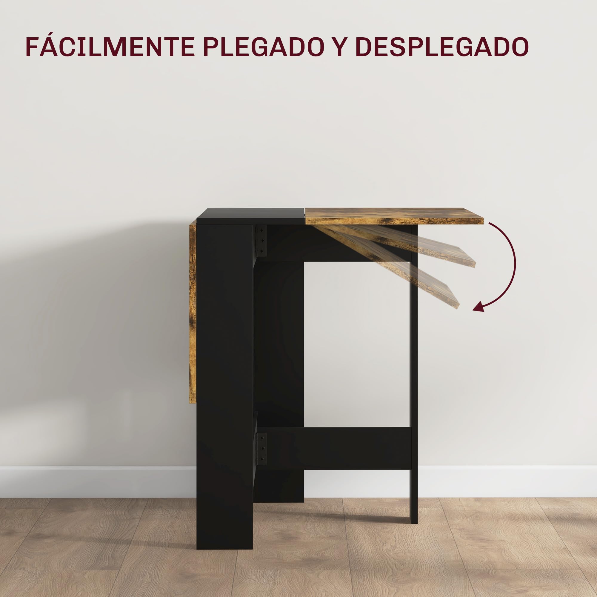 HOMCOM Mesa Plegable de Comedor Alas Abatibles Negro y Marrón Rústico | Mesa de Cocina Plegable, con Alas Abatibles, para Salón, Espacio Pequeño, 103x76x73,5cm