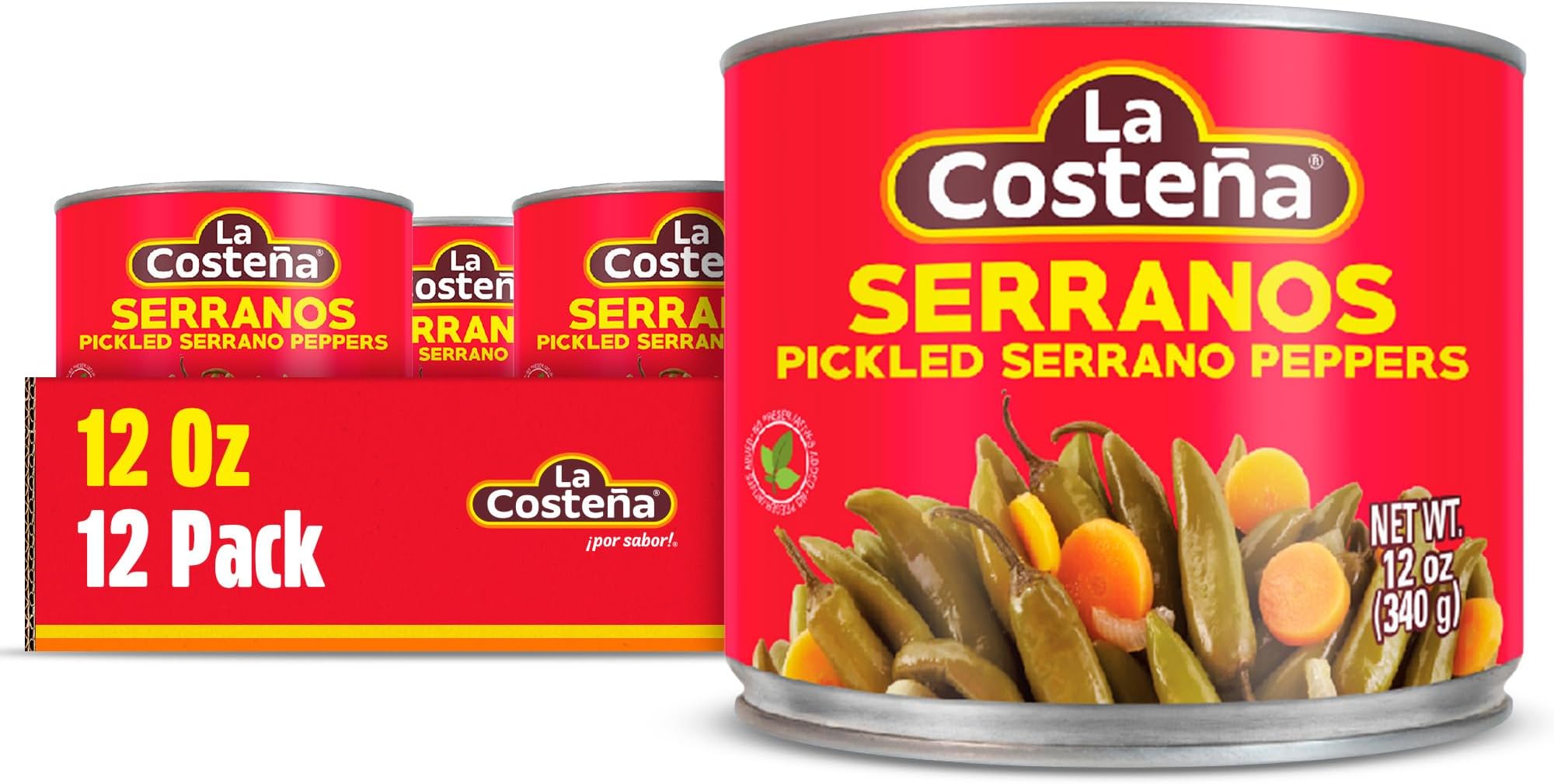 La Costeรฑa Whole Serrano Pepper & Sliced Carrots - Spicy Green Chiles for Mexican Food, Pico de Gallo, Taco Seasoning, Salsa Verde & Guacamole - Hot Pickled Vegetables - 12oz, 12 Pack Cans