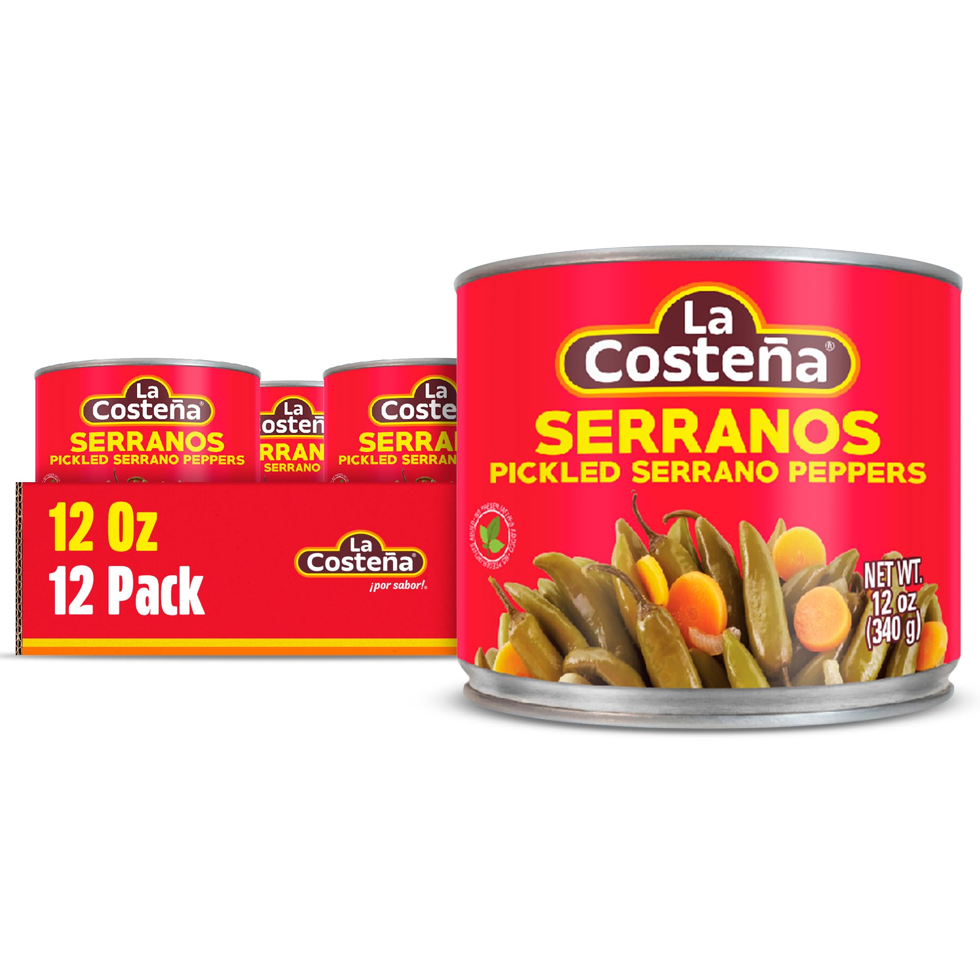 La CosteñaWhole Serrano Pepper & Sliced Carrots - Spicy Green Chiles for Mexican Food, Pico de Gallo, Taco Seasoning, Salsa Verde & Guacamole - Hot Pickled Vegetables - 12oz, 12 Pack Cans