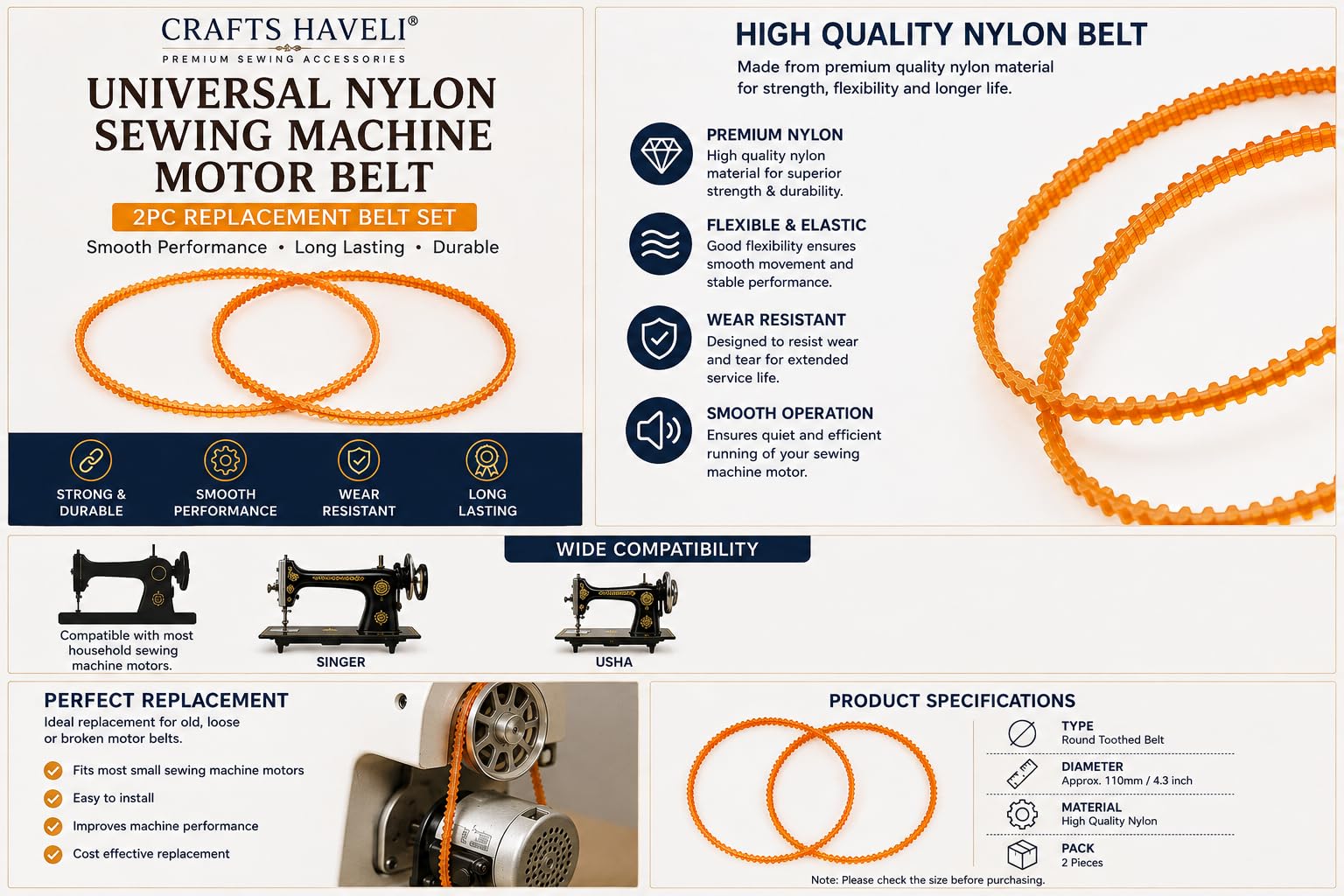 Nylon Sewing Machine Motor Belt 2 Pcs — Amazon image 2