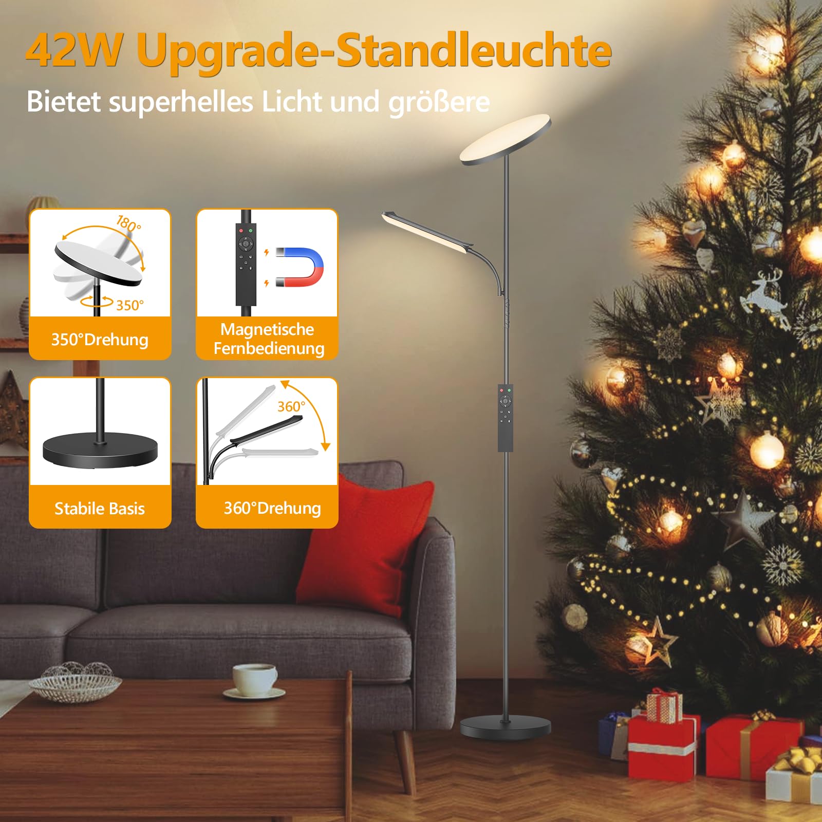 Stehlampe Wohnzimmer, 42W Deckenfluter mit Leselampe Dimmbar, 4200LM Stehlampe mit 2700K-6500K Farbtemperatu, Moderne Standleuchte mit Fernbedienung & Touch-Steuerung für Wohnzimmer Schlafzimmer