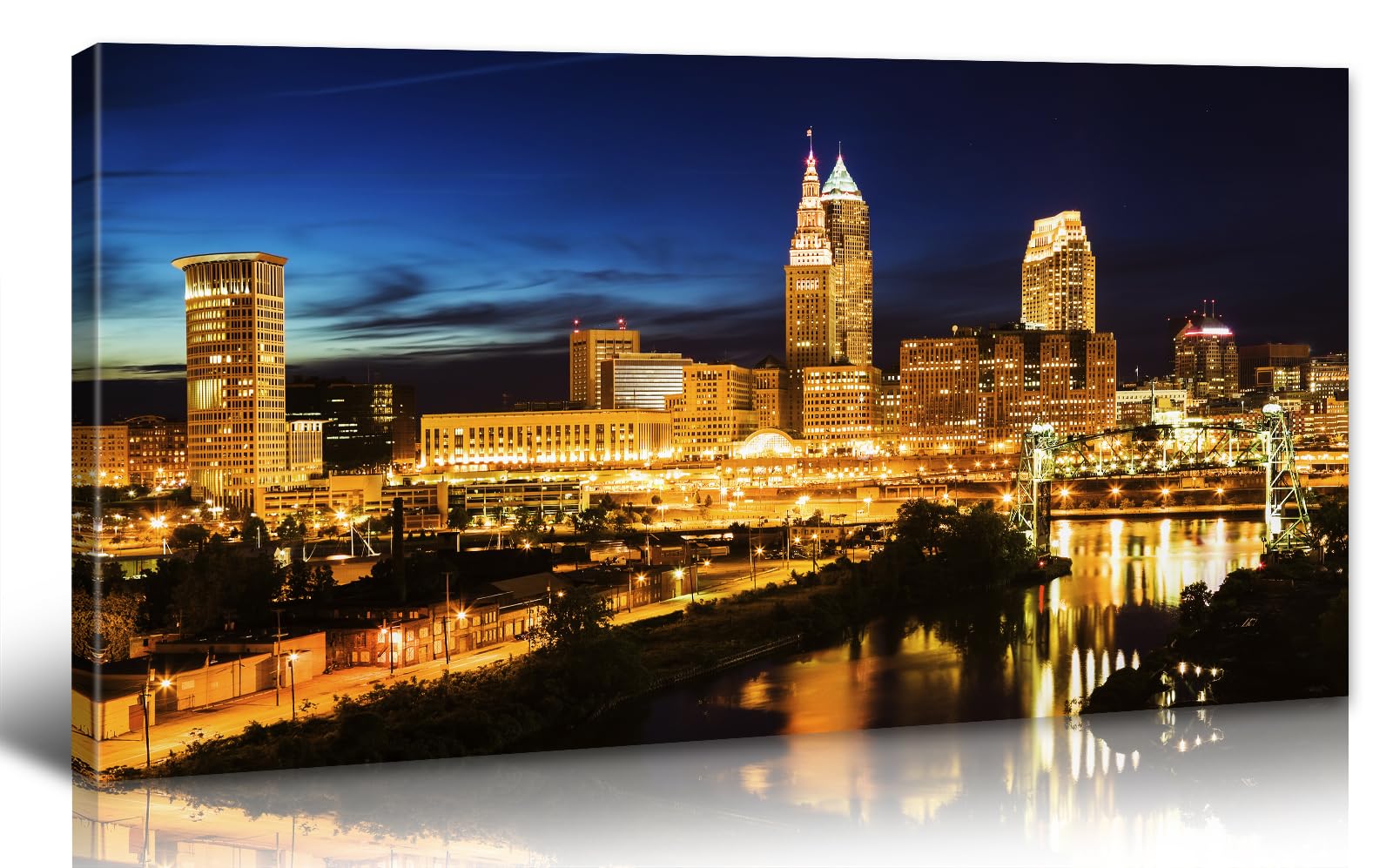 Framed Cleveland Skyline Canvas Wall Art - Modern Large 20x40 Inches Colorful Night Cityscape Painting, Ready to Hang Living Room Wall Decor for