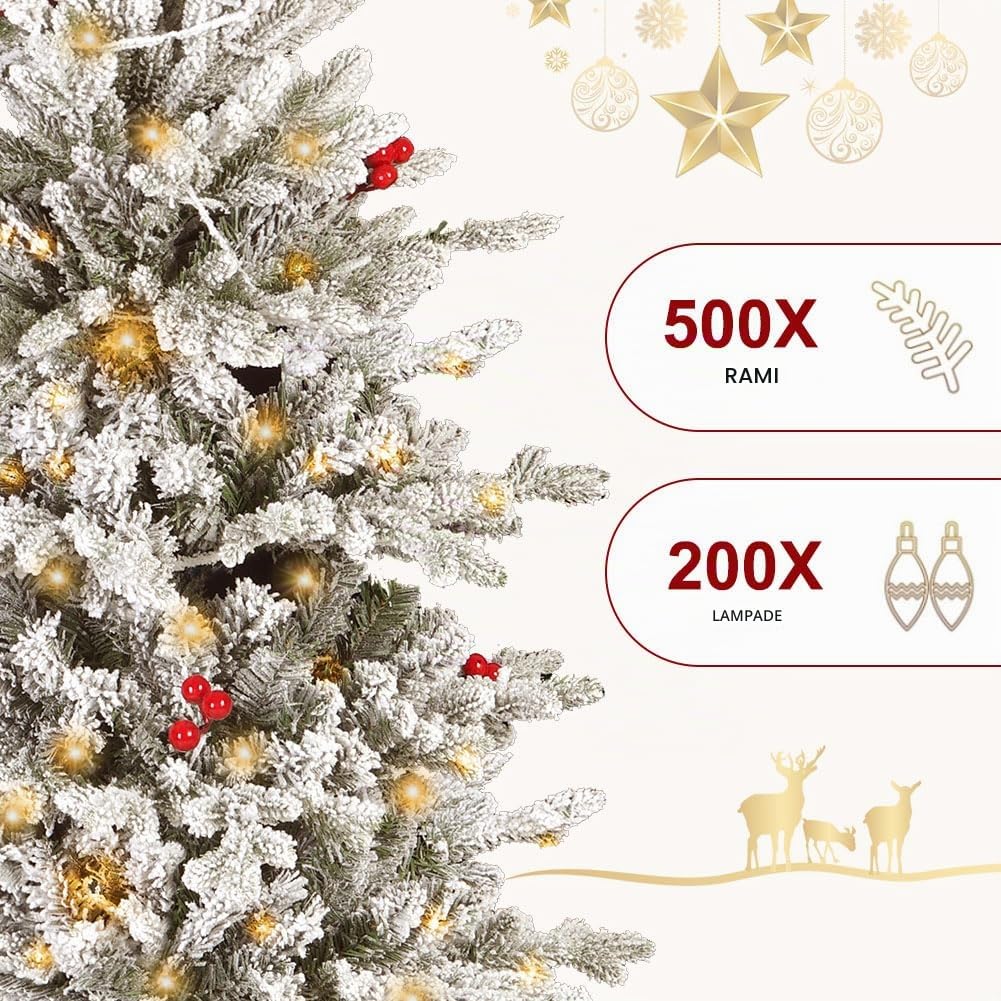 Albero di Natale artificiale preilluminato da 185 cm, albero di Natale a matita sottile con 200 luci LED bianche e calde, punte dei rami, decorazione natalizia per interni, esterni, casa e ufficio.